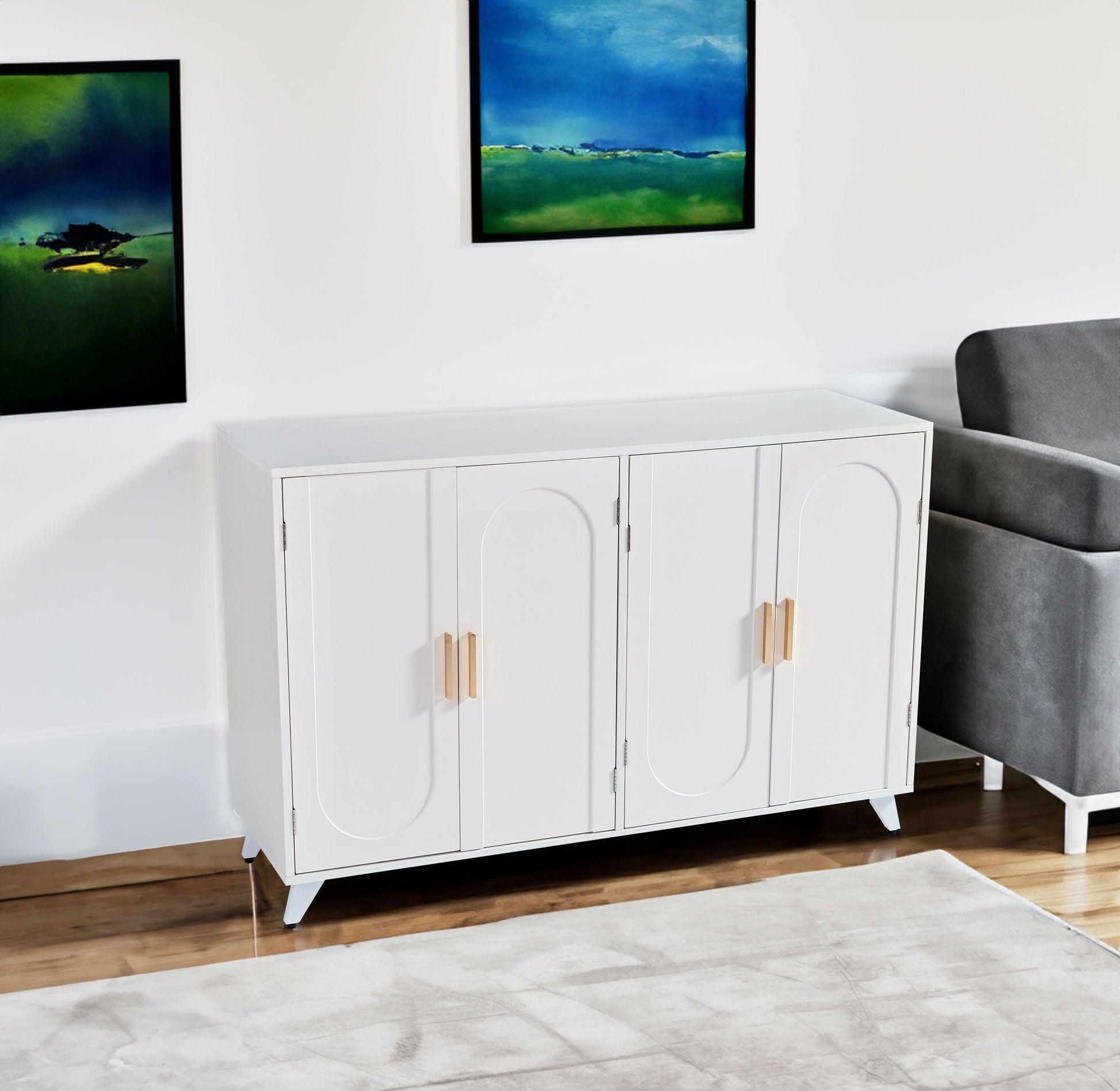 Sideboard Buffet cabinet with 4 doors and removable shelves, for living room, dining room, ivory white - Korvel