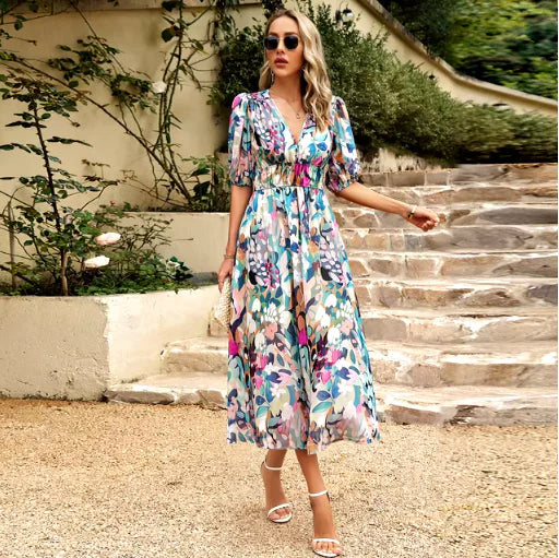 Vestido Largo de Manga Corta con Estampado y Escote en V para Verano
