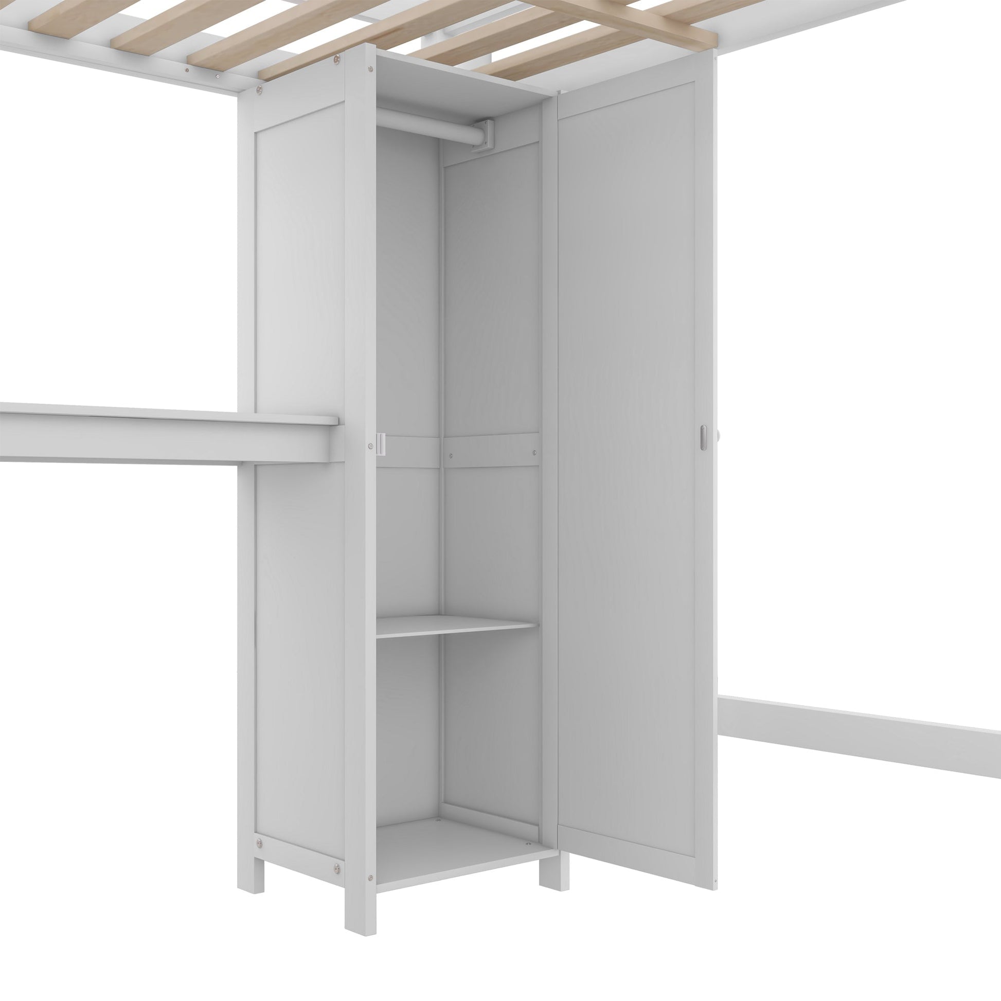 Wood Loft Bed with Cabinet and Bookshelf, Full Size Loft with Wardrobe and Desk for Kids,White - Korvel