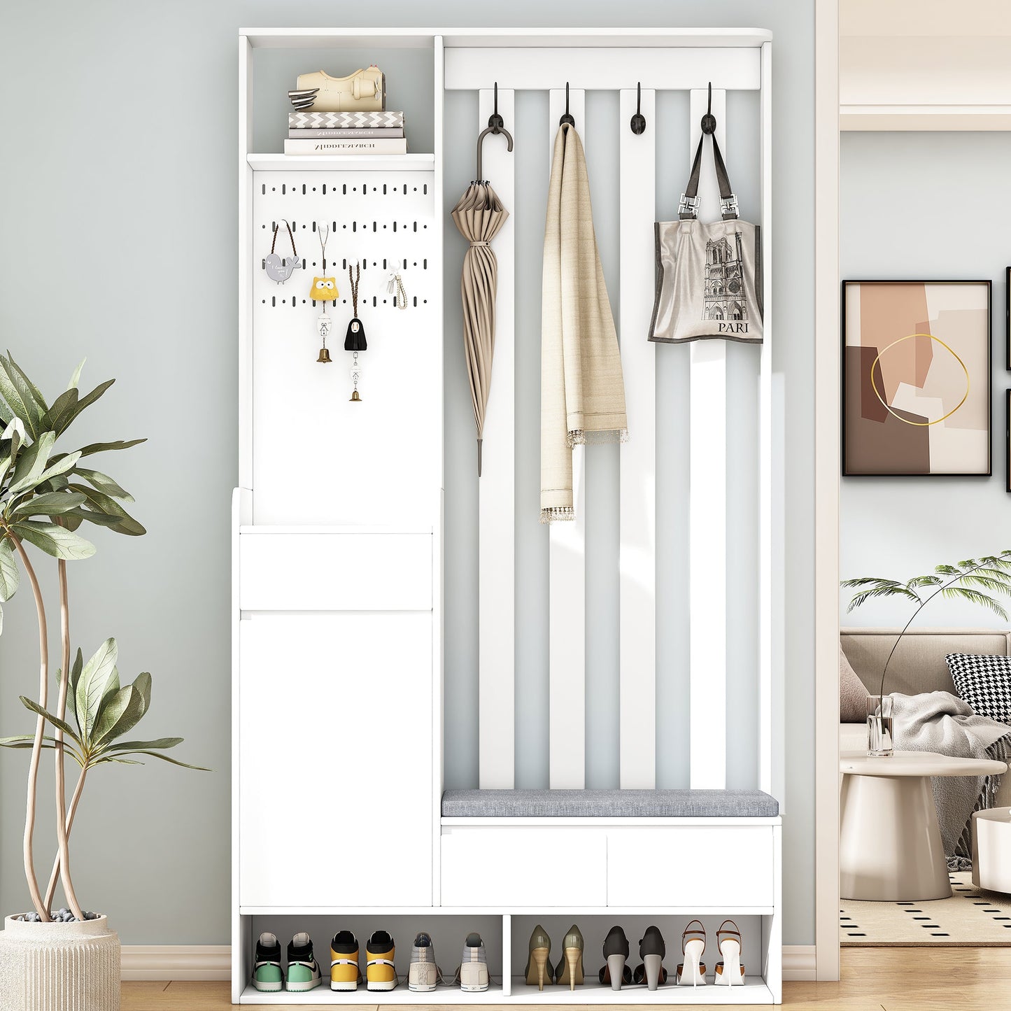 39.3'W70.8'H multifunctional corridor shoe cabinet with soft padded nail board and white clothes hanger with entrance hook - Korvel