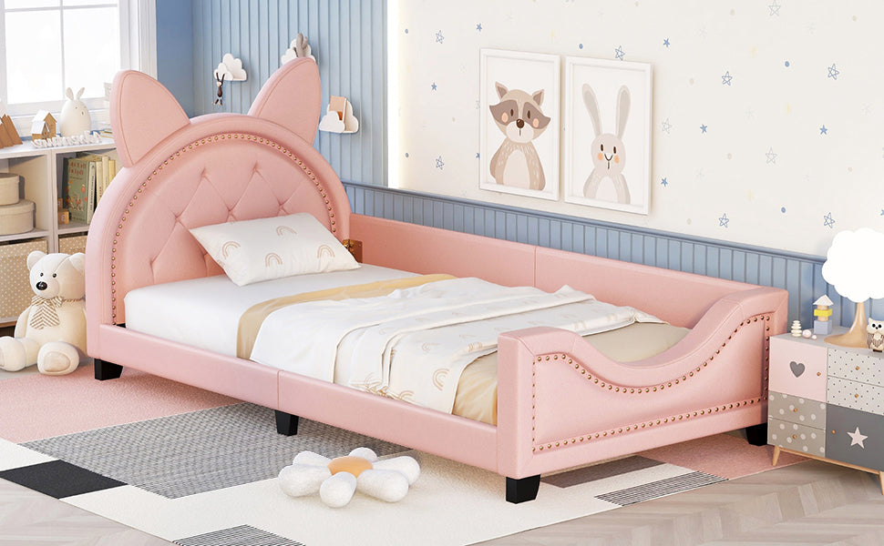 Twin Size Upholstered Daybed with Carton Ears Shaped Headboard  Pink - Korvel