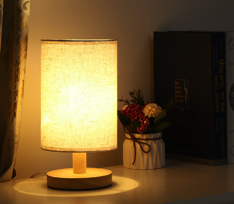 Linen Table Lamp LED Linen Night Lamp w/Warm White Light Linen Nightstand Lamp USB Powered Wooden Beside Lamp - Korvel