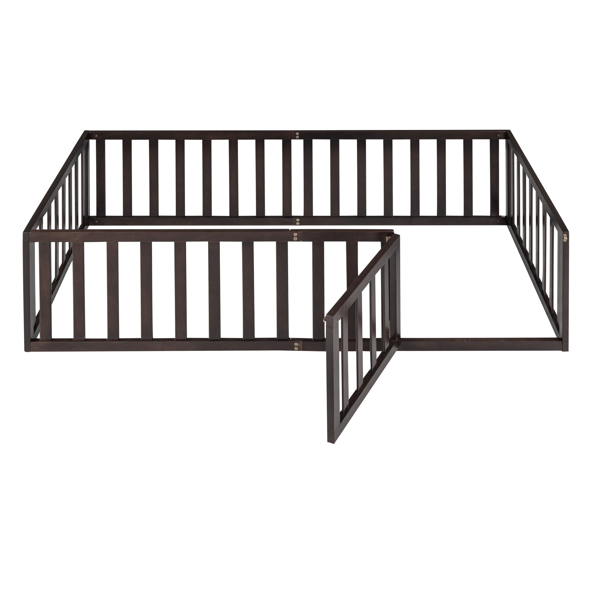 Twin Size Wood Floor Bed Frame with Fence and Door Walnut(OLD SKU :WF289661AAL) - Korvel