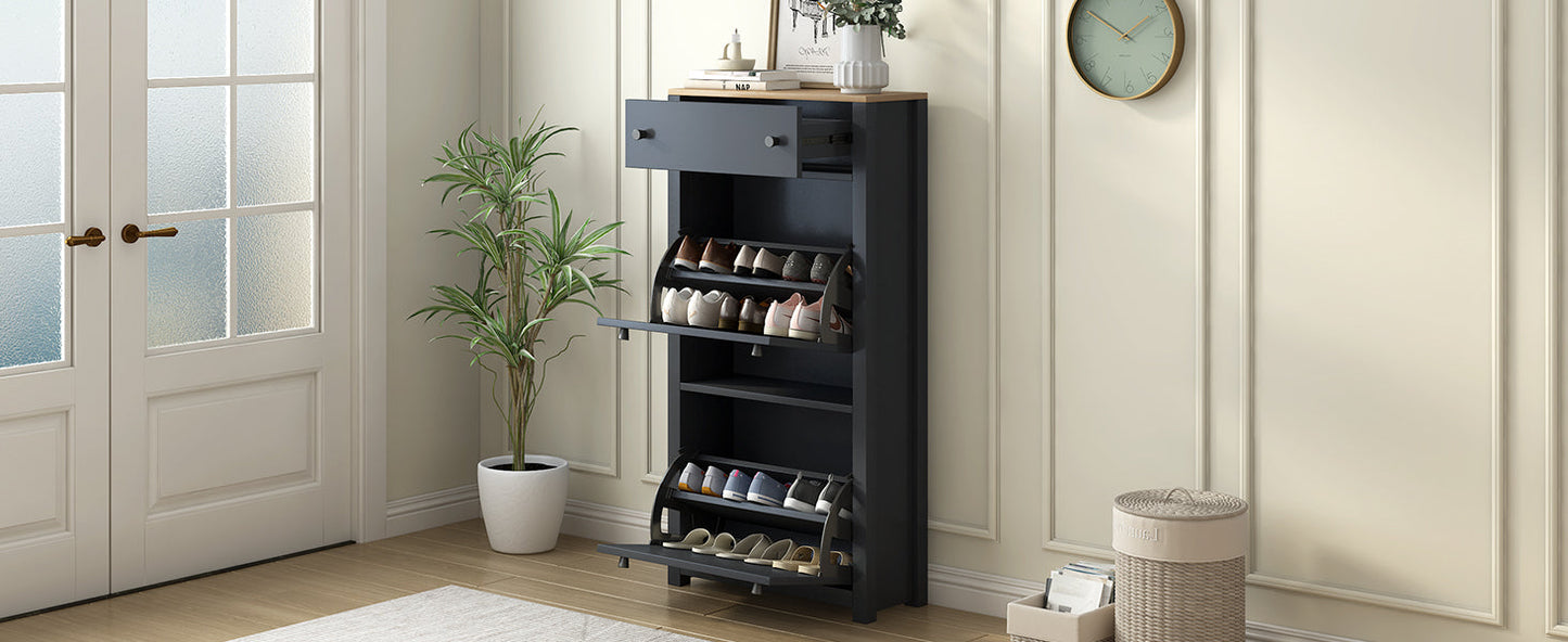 ONTREND Black Shoe Cabinet with 2 Flip Drawers