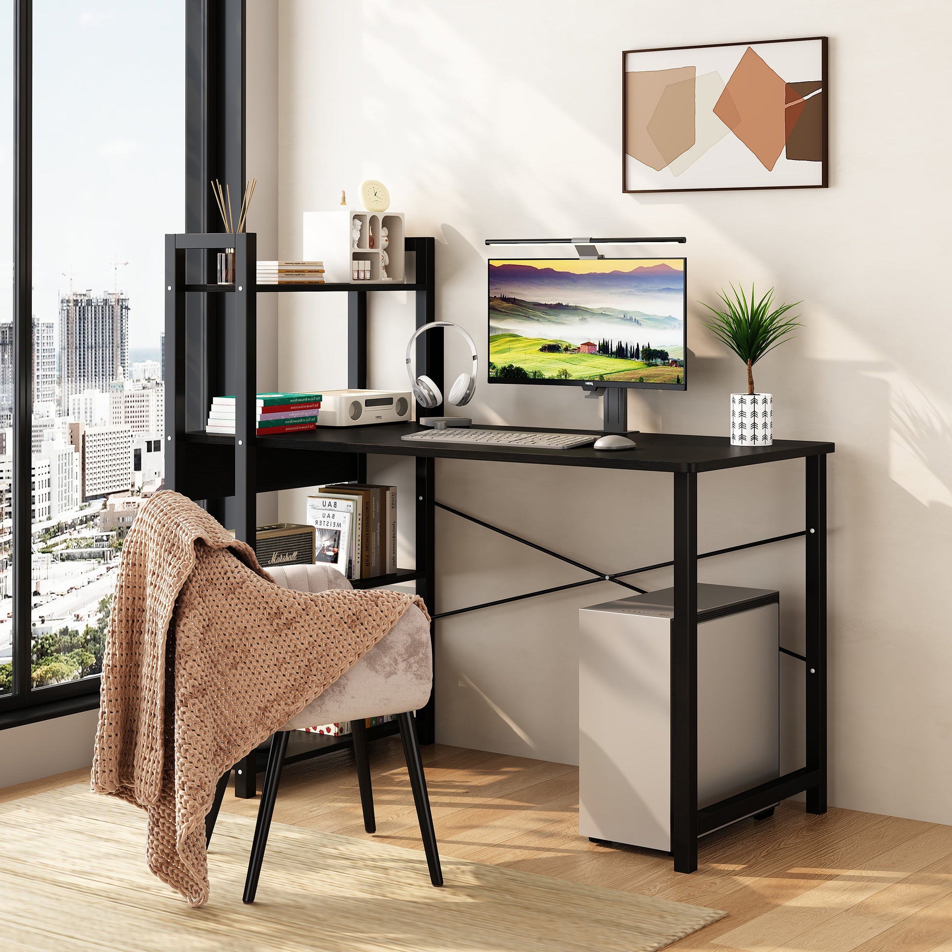 Bedroom desk, steel frame, computer desk, student desk, desk with 4 storage shelves, computer desk, metal and wood - Korvel