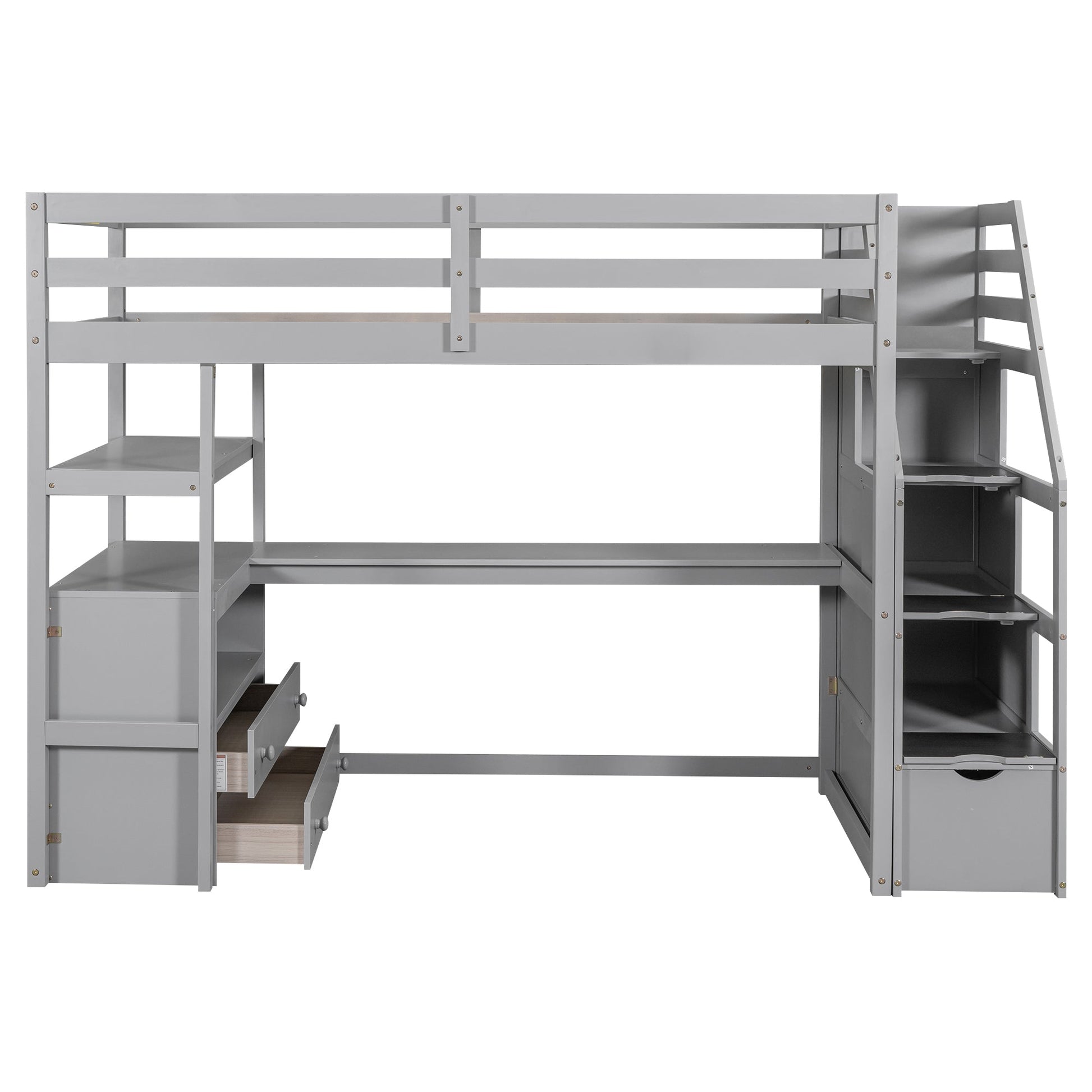 Twin Size Loft Bed with Desk and Shelves Two Built-in Drawers, Storage Staircase Gray - Korvel
