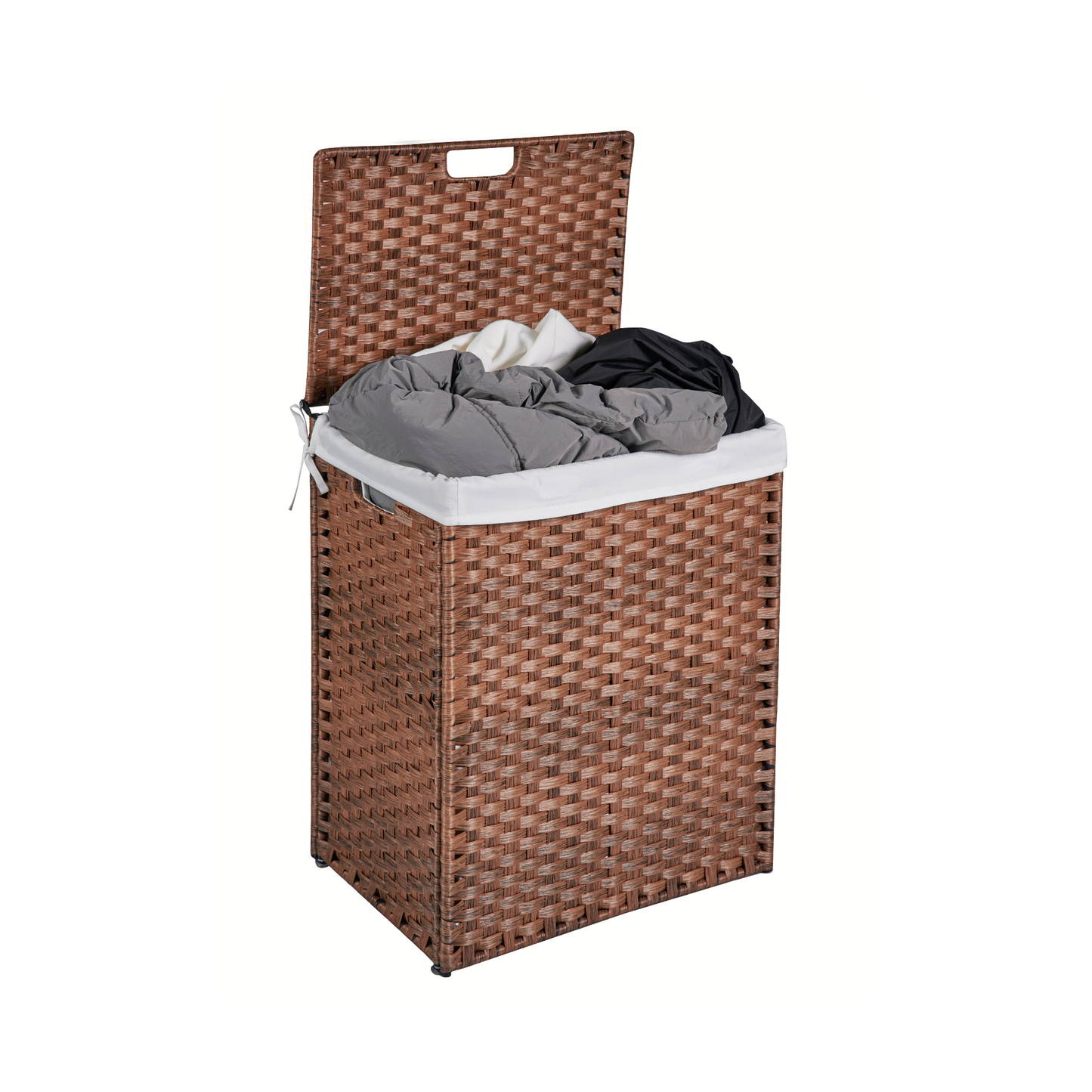 Laundry Hamper With Lid PE Rattan Powder Coating Frame Clothes Hampers with 02 Removable Bags, 100L, Brown Color - Korvel