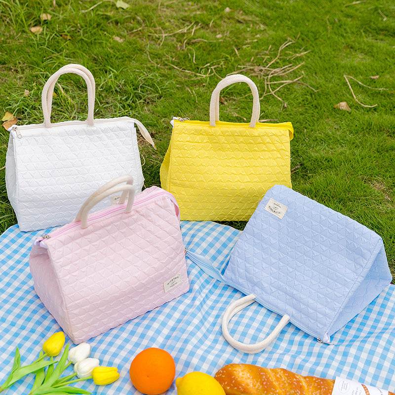 ins style small fresh outdoor large capacity picnic insulation and cold storage bag fashionable diamond pattern zipper lunch box bag student lunch bag - Korvel