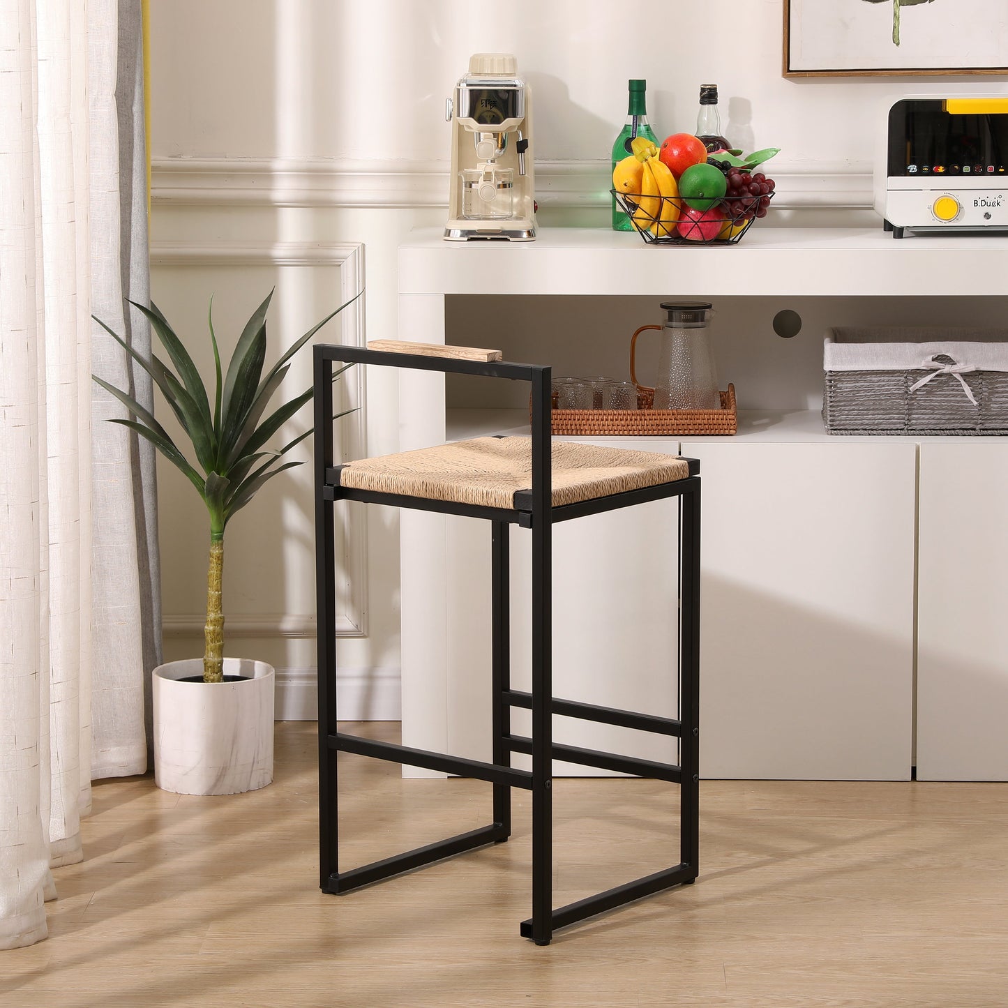 Set of 2 Bar Stools with Back Paper Rope Woven Counter Height Dining Chairs for Kitchen Home (Paper Rope with Back) - Korvel