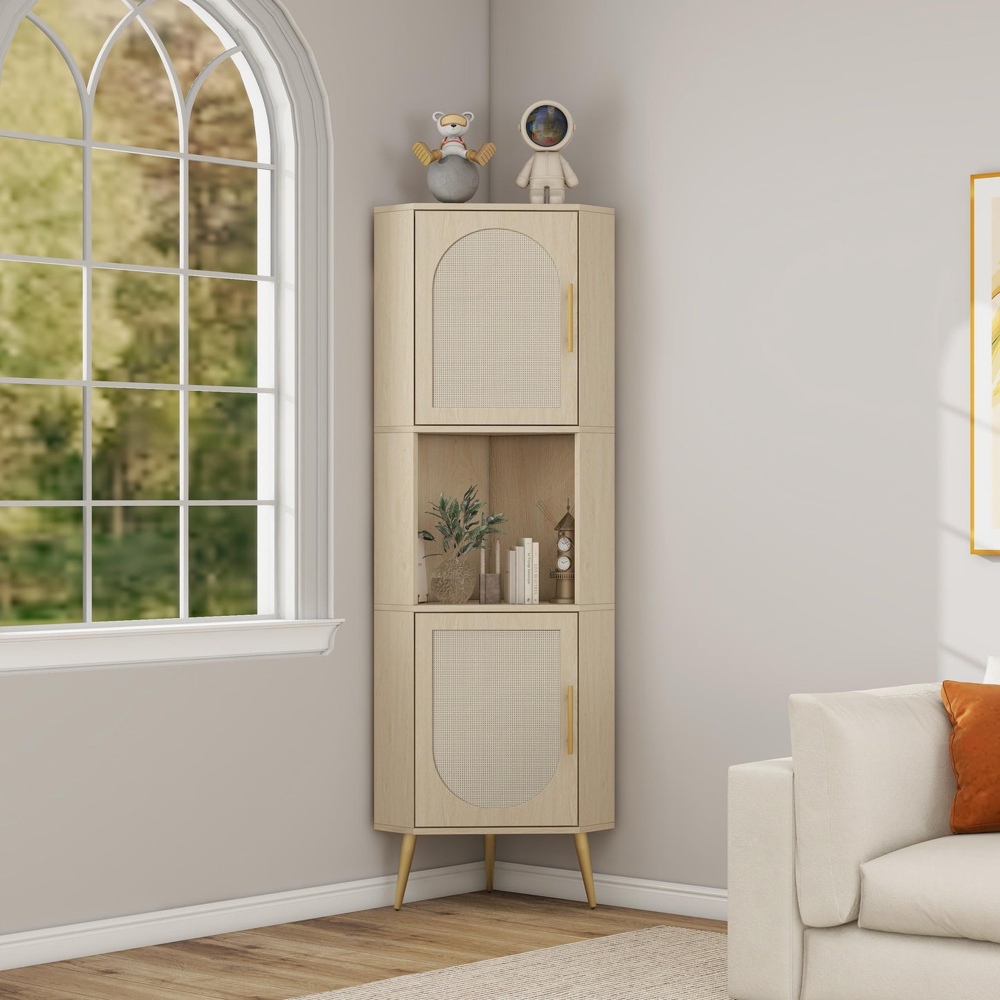 Corner cabinet ,Rattan door,Freestanding Corner Tables For Small Spaces, Corner Shelf Stand For Living Room, Kitchen, Bathroom - Korvel