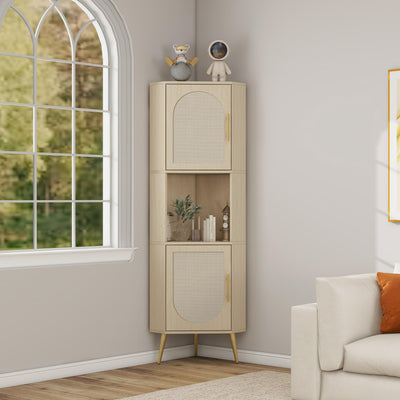 Corner cabinet ,Rattan door,Freestanding Corner Tables For Small Spaces, Corner Shelf Stand For Living Room, Kitchen, Bathroom - Korvel