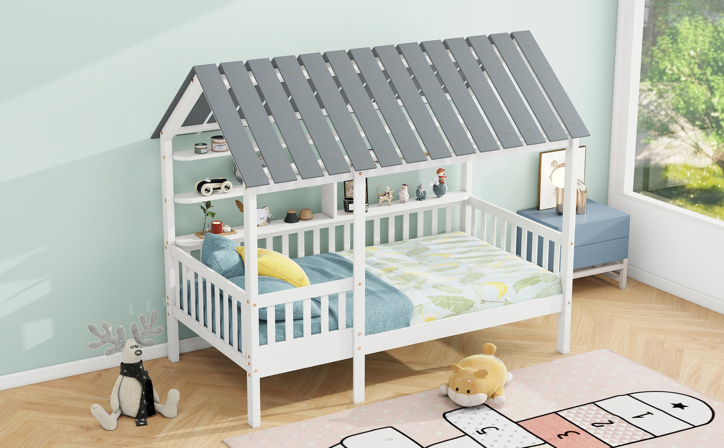Wood Twin Size House Bed with Roof, Guardrail and Shelves, White - Korvel