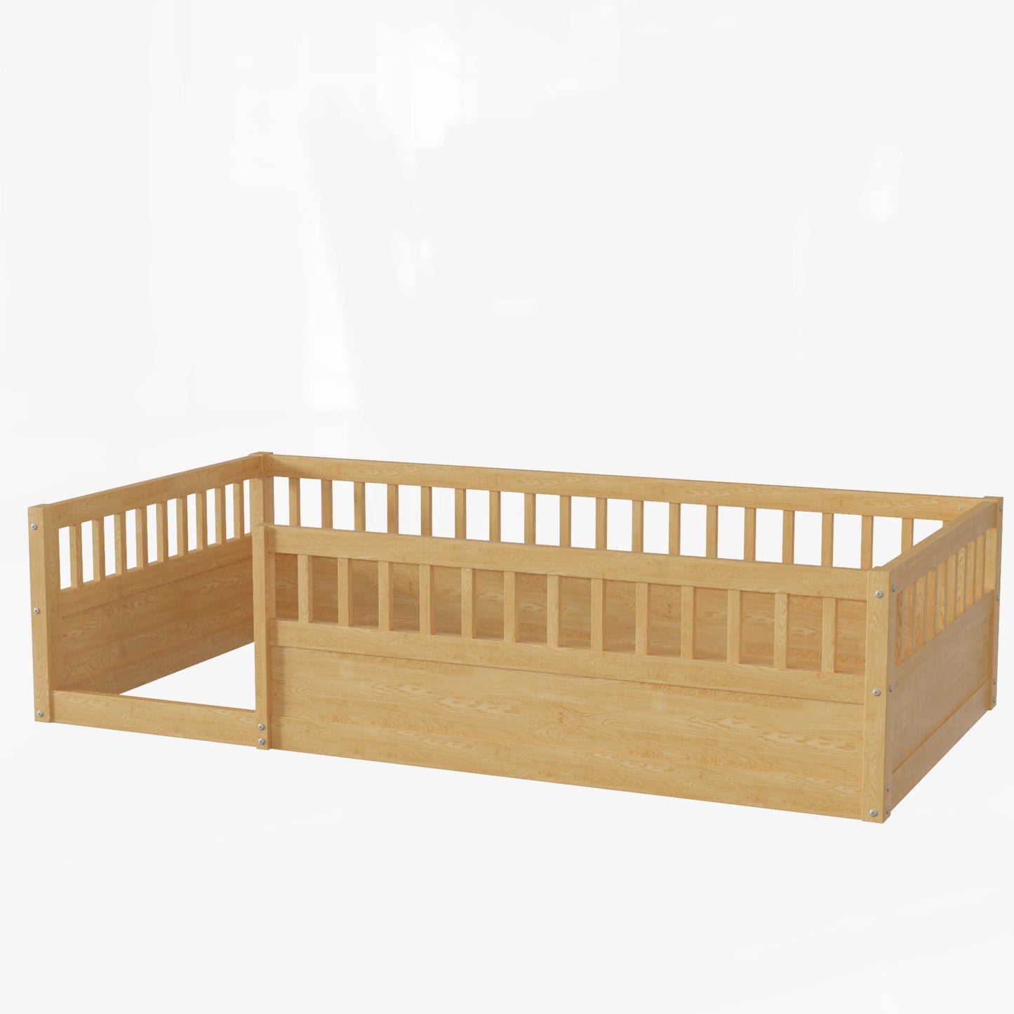 Twin Floor Bed Frame with Fence, Wood Kids Floor Beds Frame for Bedroom Playroom,Natural - Korvel