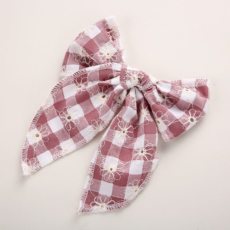 Children's Headwear Girl Plaid Cotton Embroidery Bow Hairpin Big Swallowtail Hairpin - Korvel