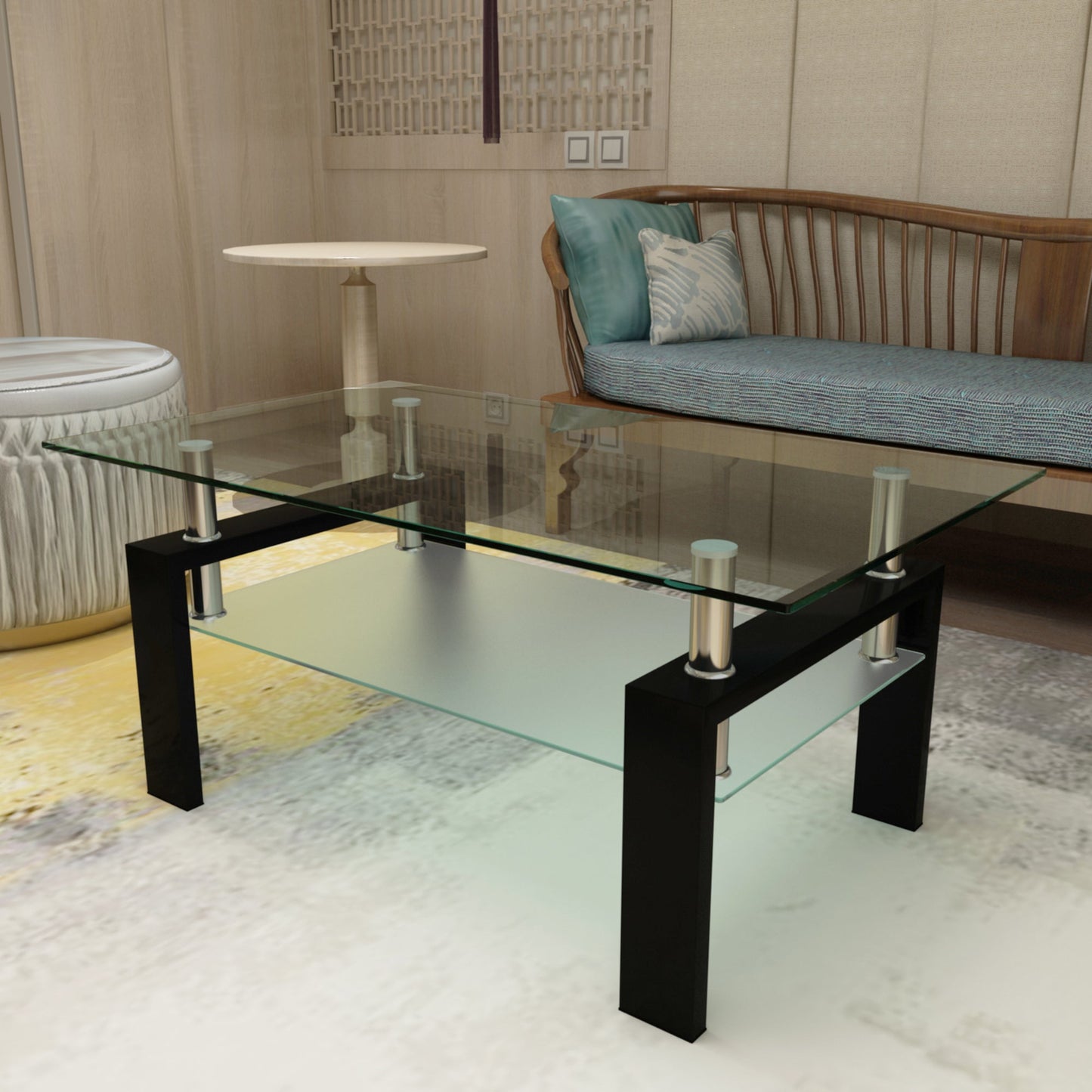 Modern Rectangle Black Glass Coffee Table for Living Room