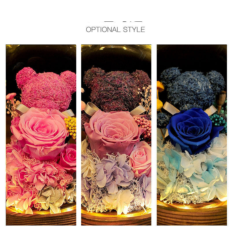 Valentine's Day Gift Everlasting Flower Bear Moss Glass Cover Finished Gift Box for Girlfriend Birthday Ornament Dried Flowers Roses - Korvel