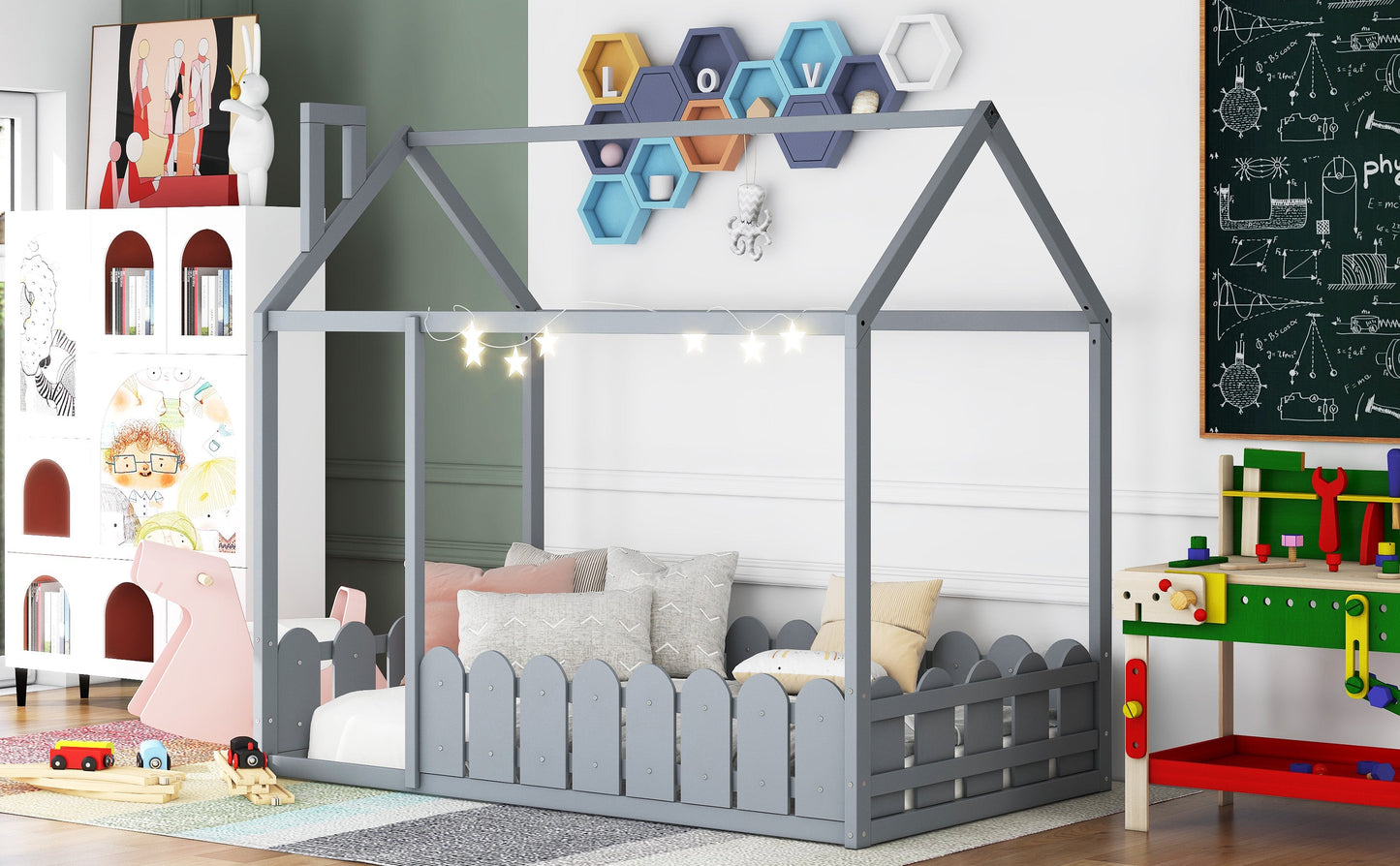 Cadre de lit en bois de taille twin avec clôture pour enfants - Gris