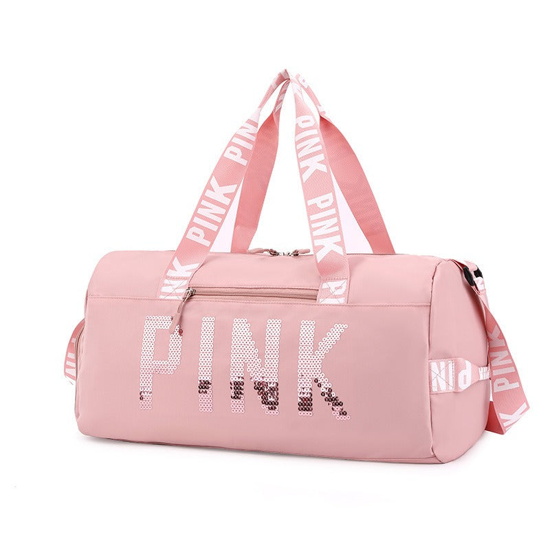 New fitness bag, shoe compartment, dry wet separation bag, sports travel bag, shiny pink letter single shoulder crossbody bag - Korvel