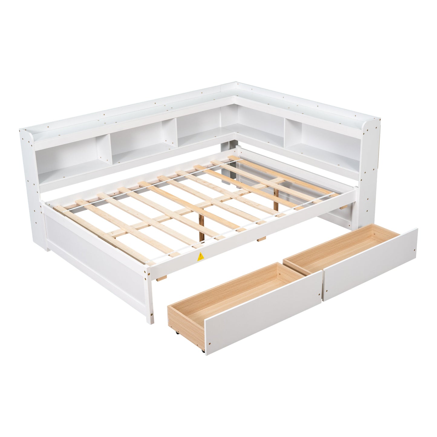 Elegant Full Bed with L-shaped Bookcases and Drawers in White