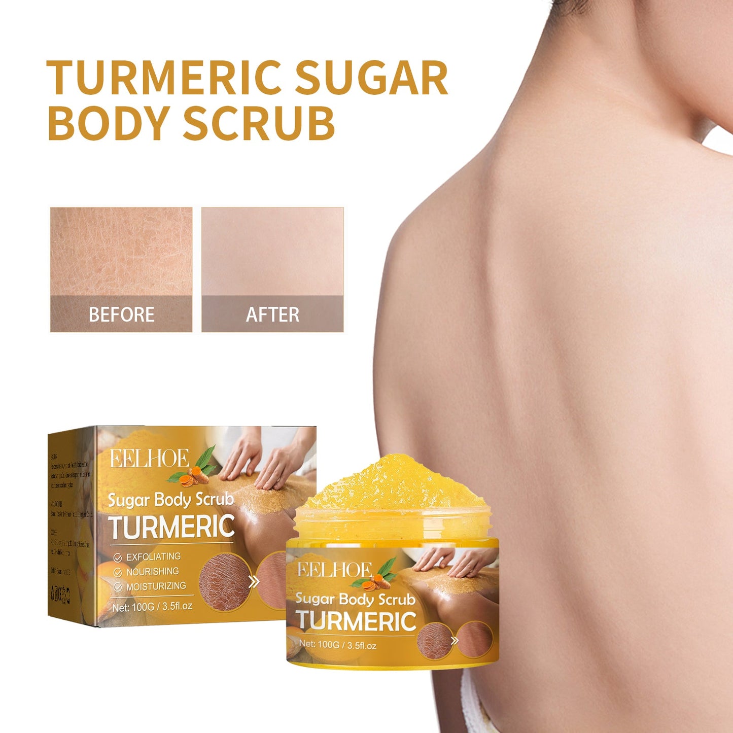 Turmeric Sugar Body Scrub, Fade Acne Mark Moisturizing Refreshing Smooth Tender Skin Cleansing Body Exfoliating Scrub - Korvel