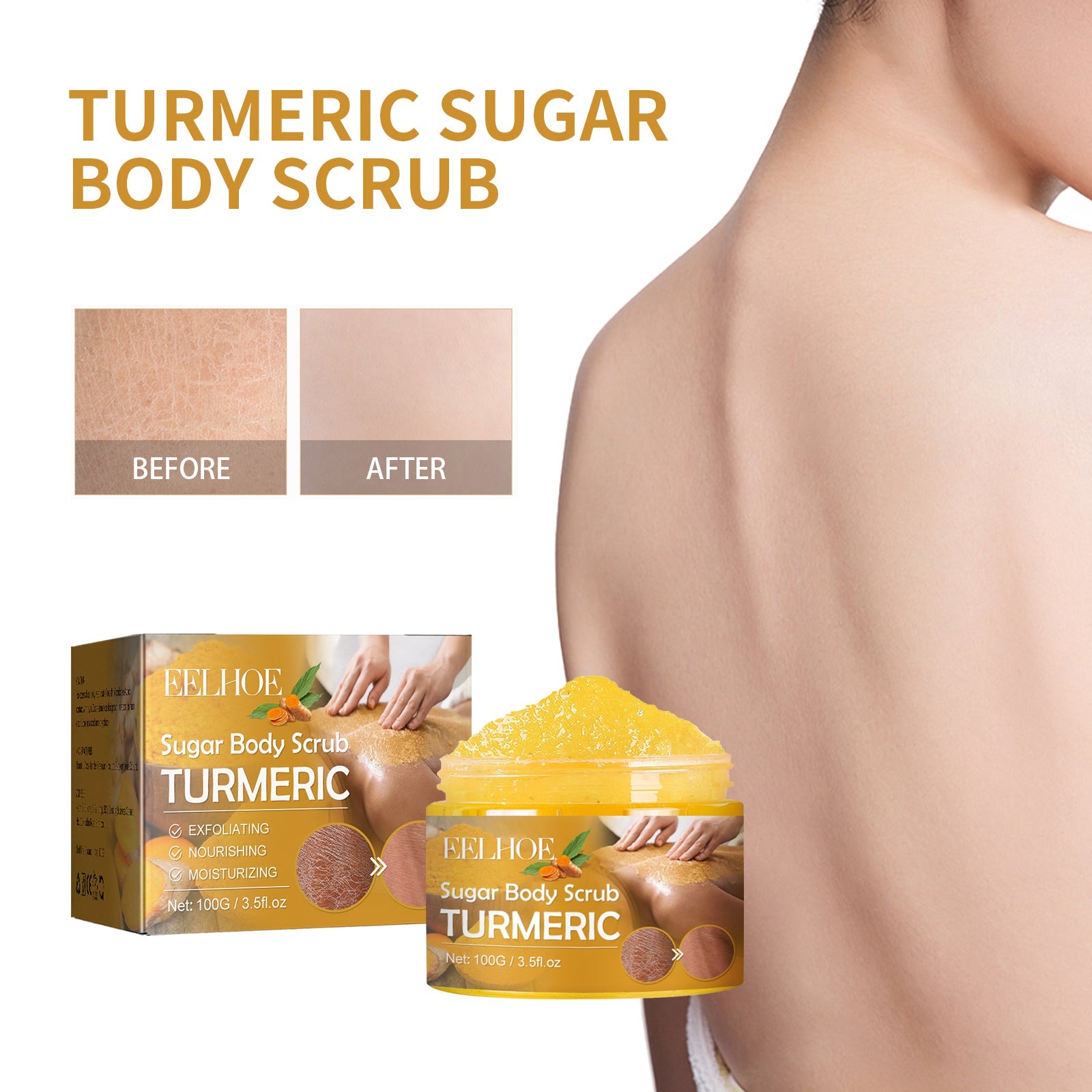 Turmeric Sugar Body Scrub, Fade Acne Mark Moisturizing Refreshing Smooth Tender Skin Cleansing Body Exfoliating Scrub - Korvel