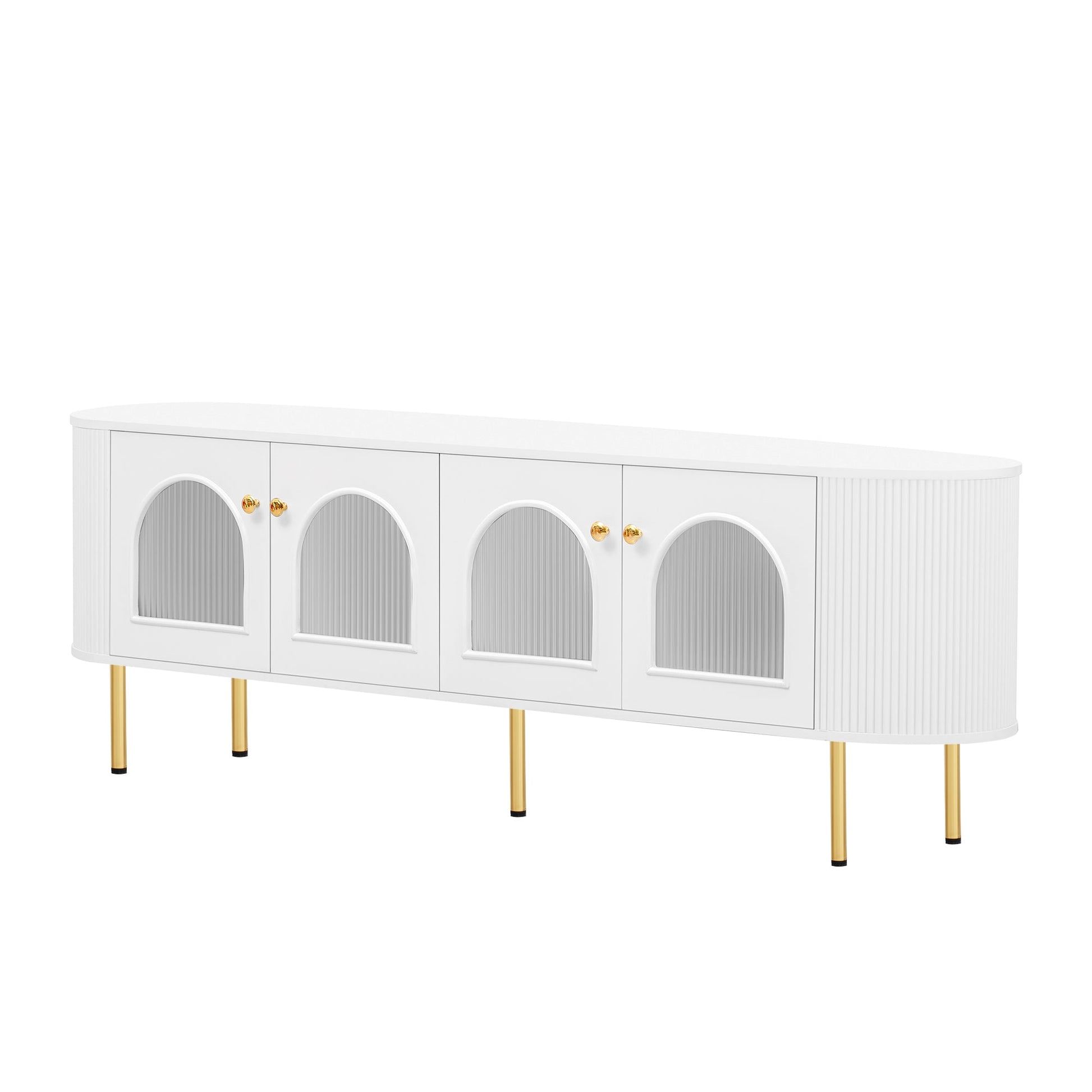 U-Can Modern TV Stand for TVs up to 80 Inches, Entertainment Center with 4 Cabinets, Wood with Metal Legs and Handles White - Korvel