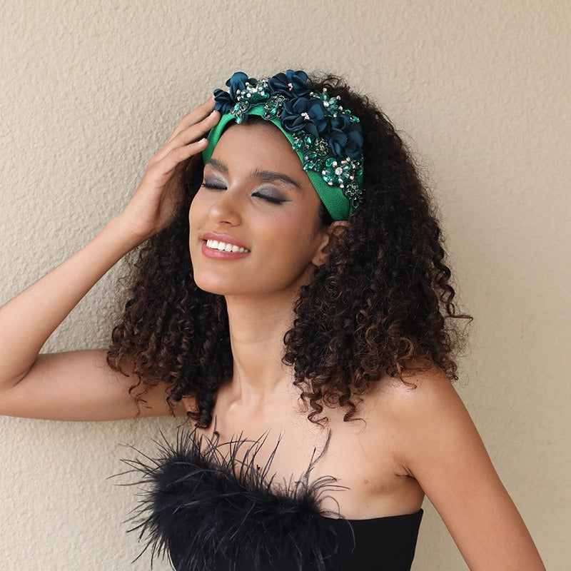 Solid color fabric flower oversized wide edged crystal headband - Korvel