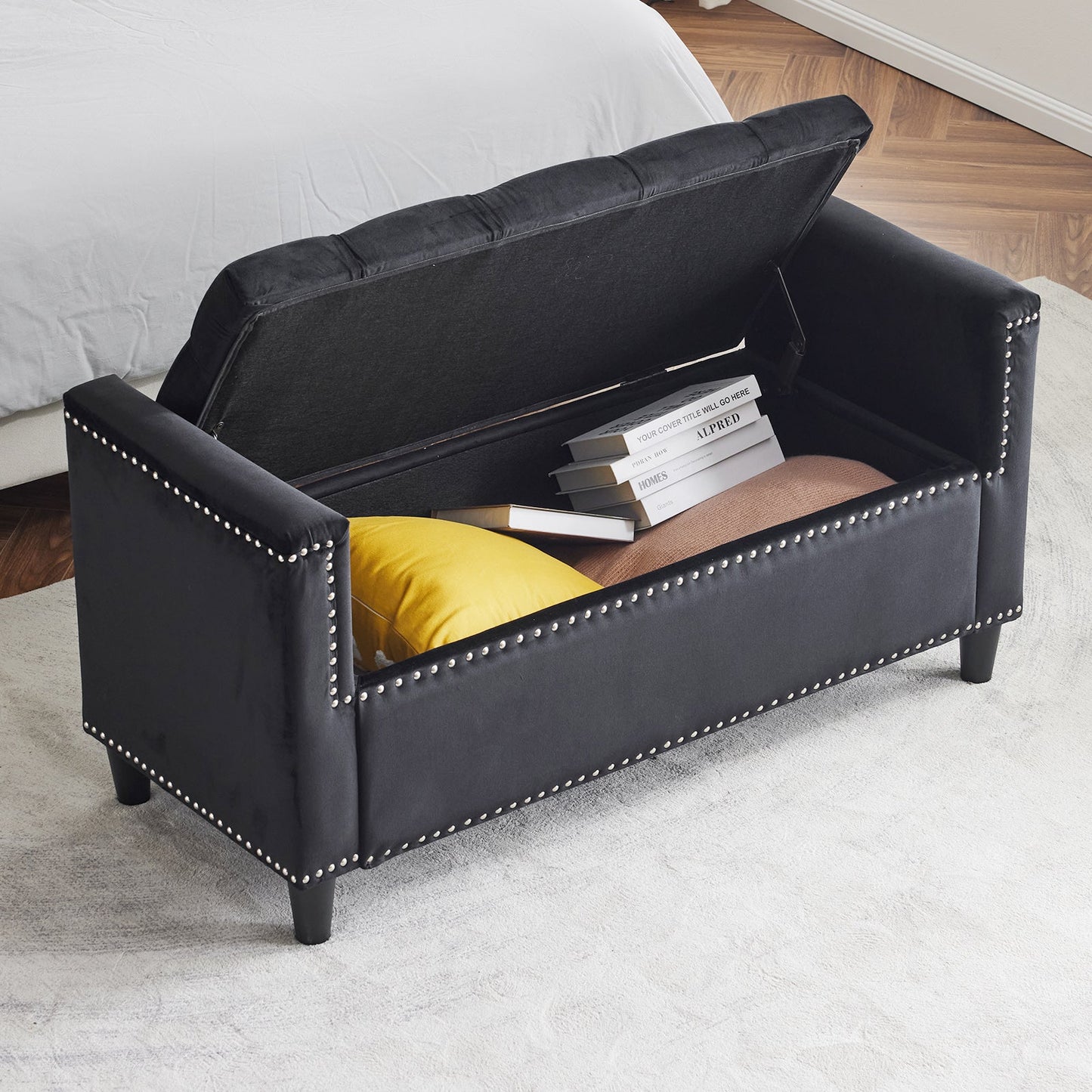Storage Bench, 44.5-Inch Queen Velvet Button Bedside Bench, Entryway Living Room with Armrests, Nailhead Trim  Black - Korvel