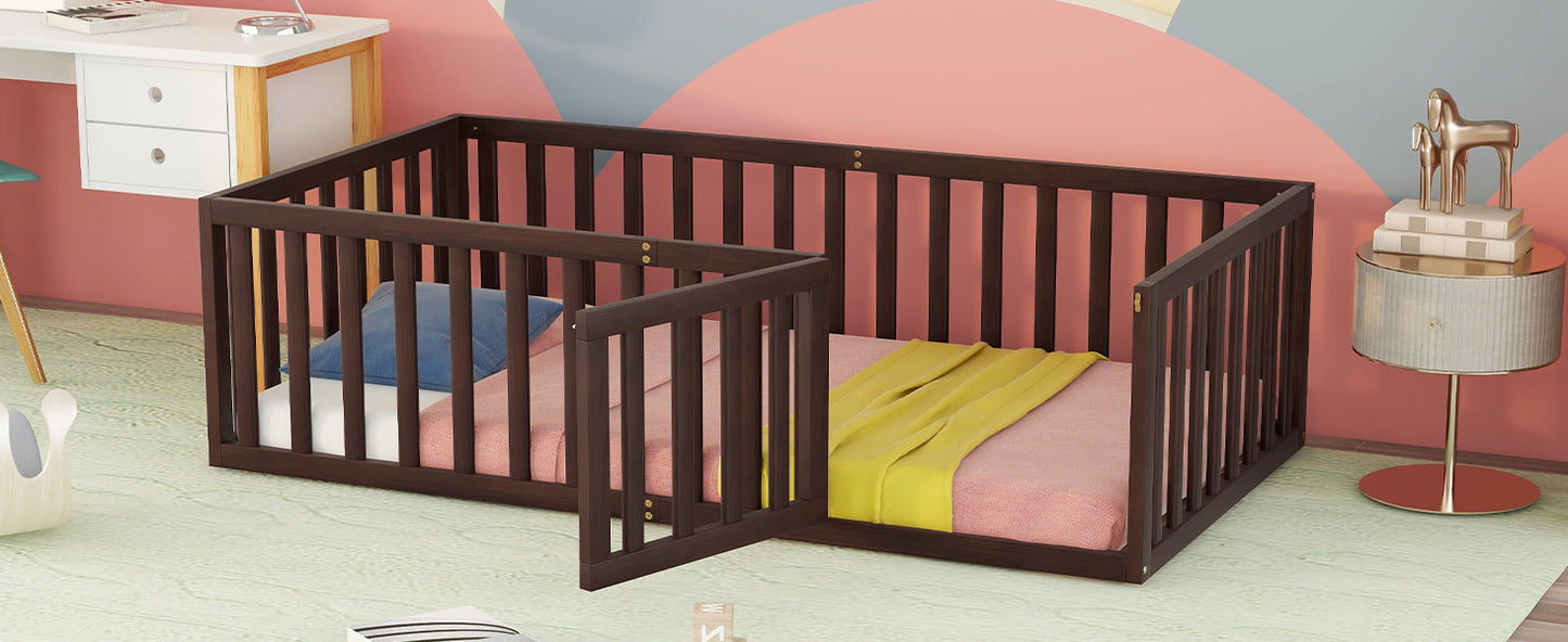 Twin Size Wood Floor Bed Frame with Fence and Door Walnut(OLD SKU :WF289661AAL) - Korvel