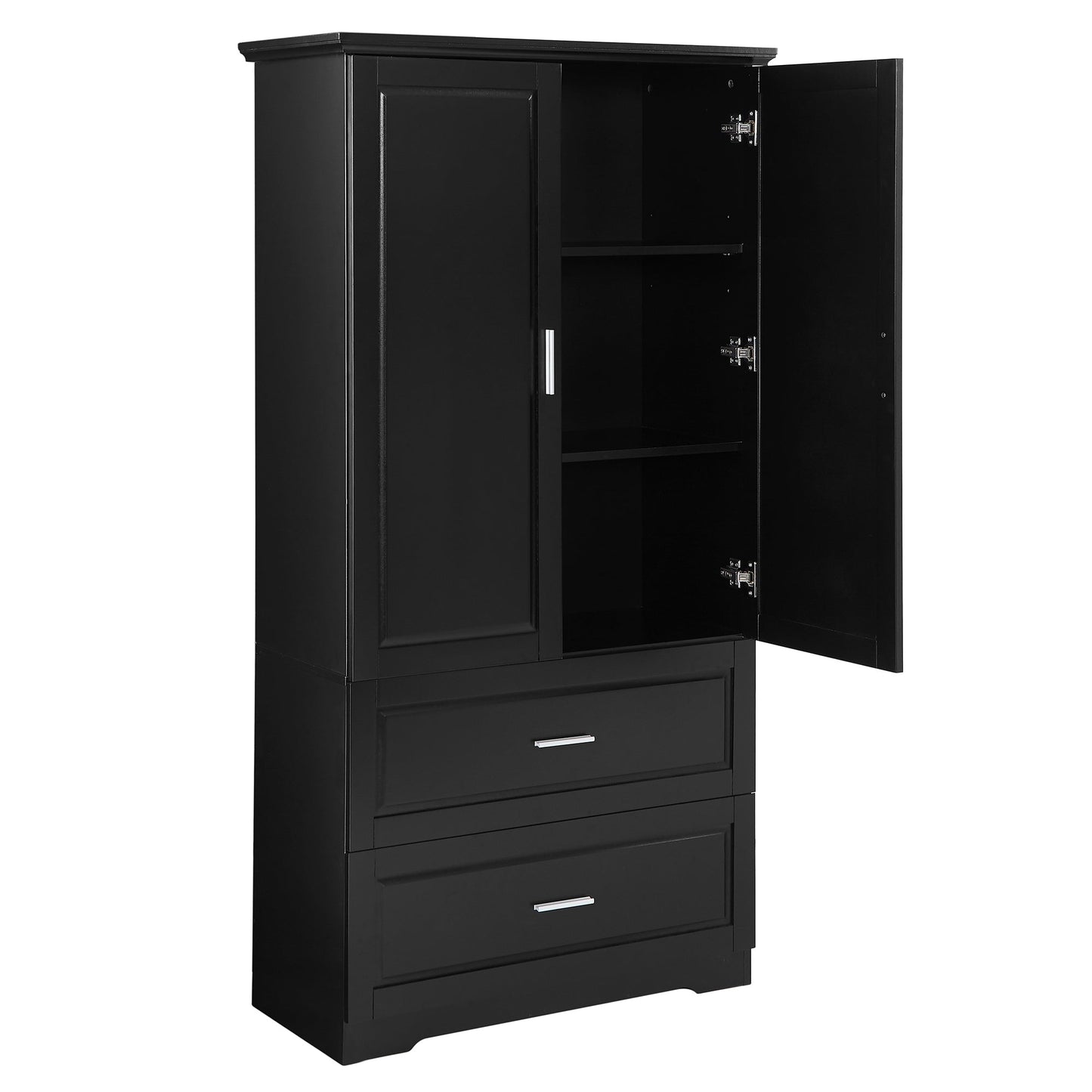 Tall Bathroom Storage Cabinet, Cabinet with Two Doors and Drawers, Adjustable Shelf, MDF Board, Black - Korvel
