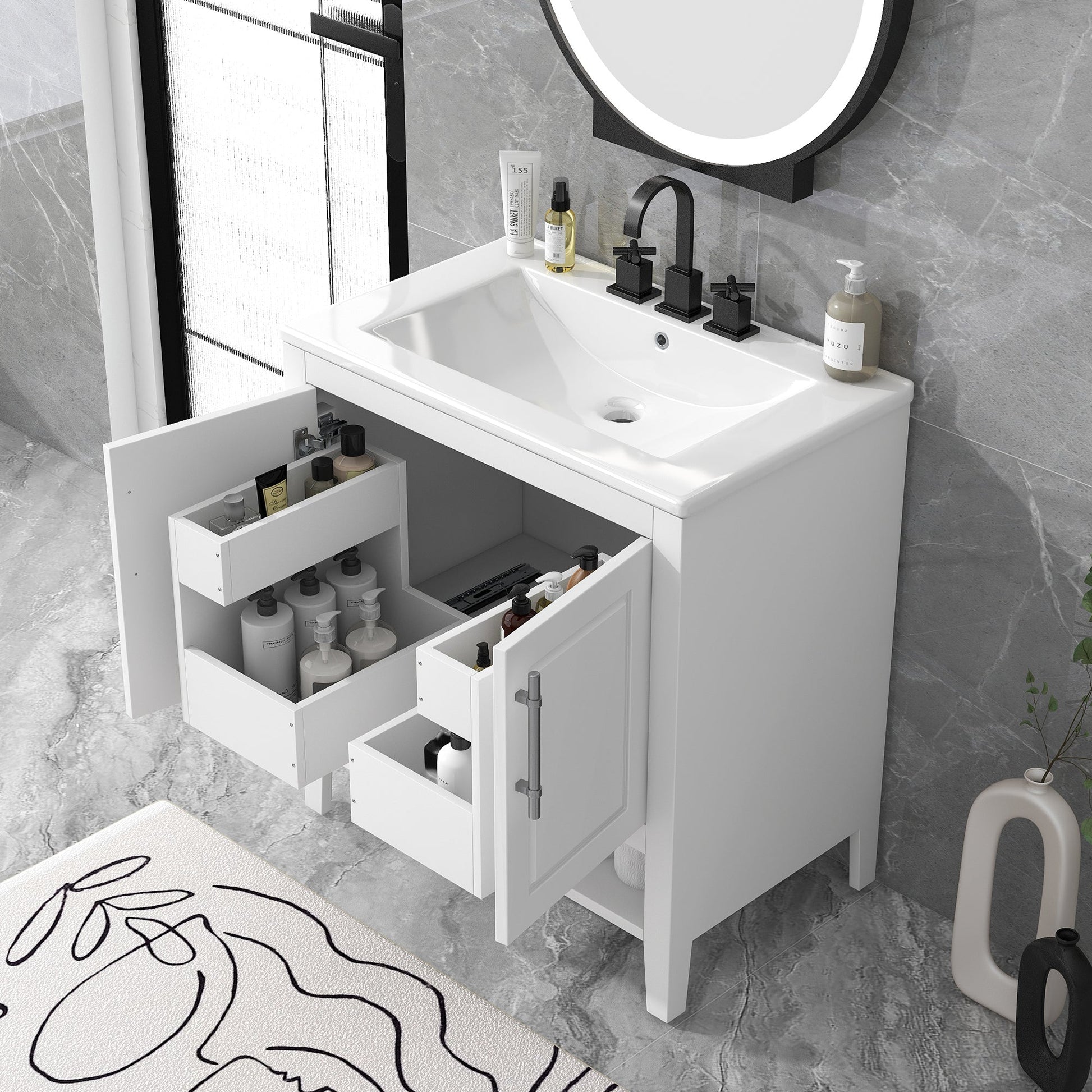 30" Bathroom Vanity with Sink  Multi-functional Bathroom Cabinet with Doors and Drawers Solid Frame and MDF Board, White - Korvel