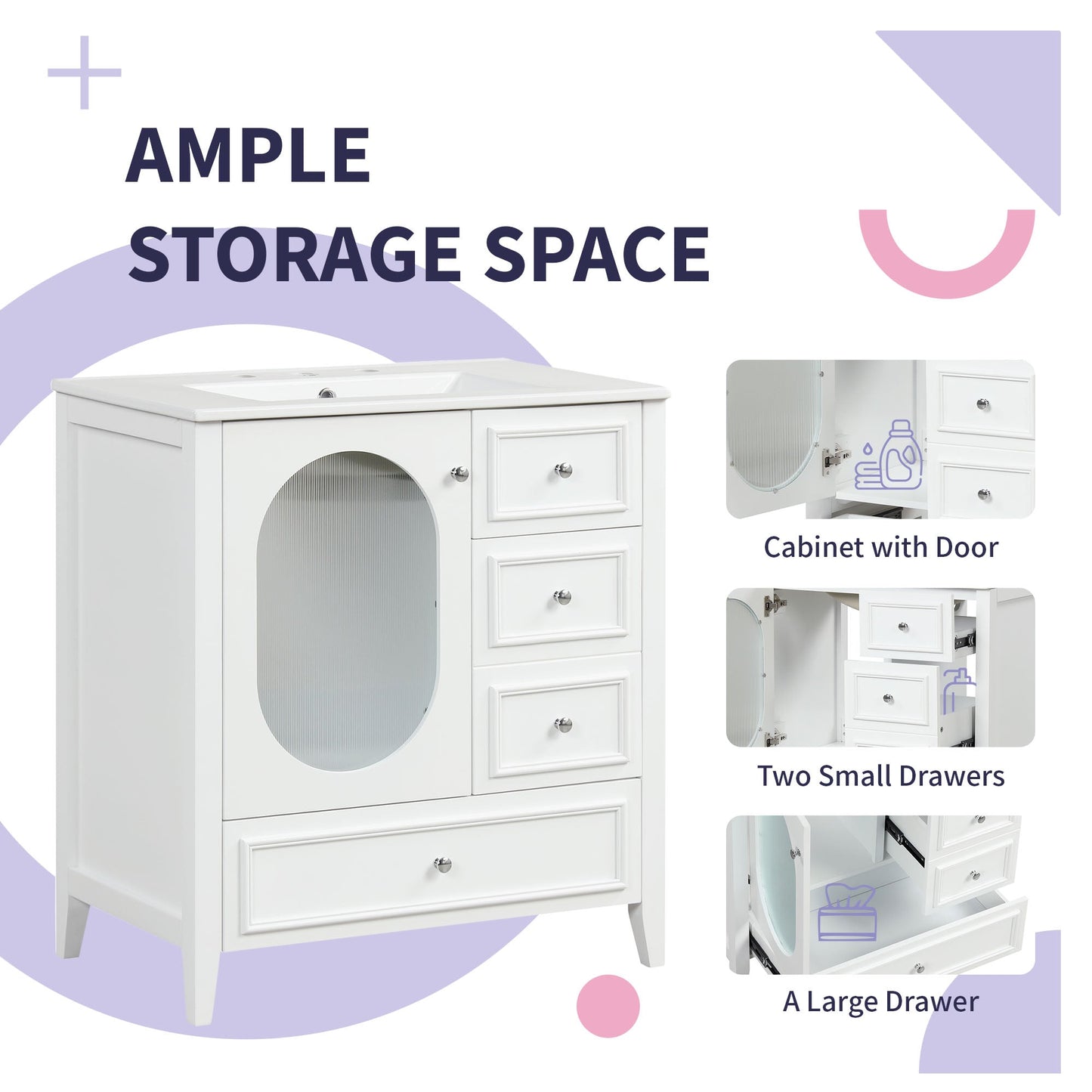 30" Bathroom Vanity with Sink, Bathroom Vanity Cabinet with Three Drawers and Door, Solid Wood and MDF, White - Korvel