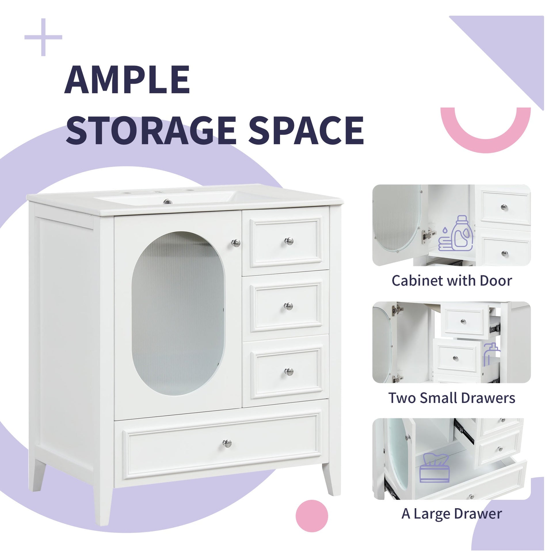 30" Bathroom Vanity with Sink, Bathroom Vanity Cabinet with Three Drawers and Door, Solid Wood and MDF, White - Korvel