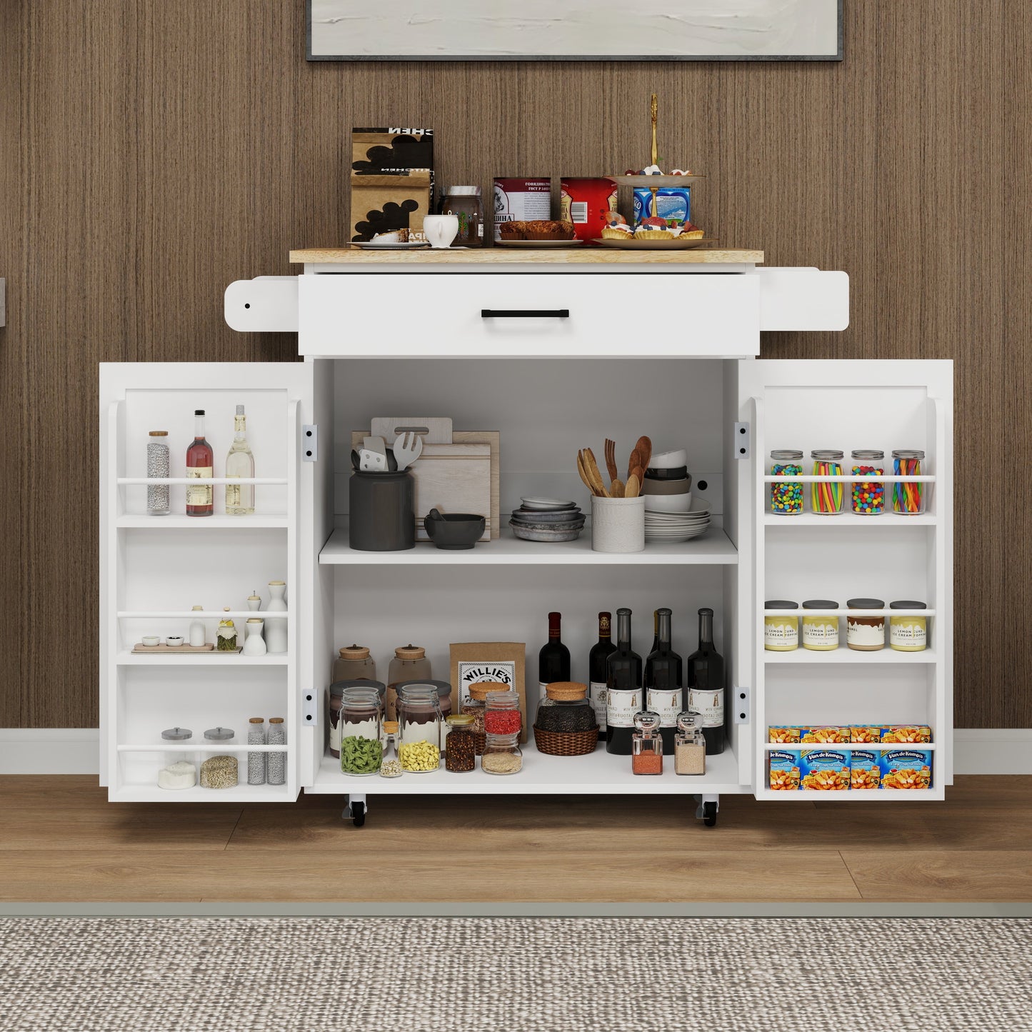 Kitchen island rolling trolley cart with 1 drawer & 2 doors with storage racks & Adjustable Shelves & towel rack - Korvel