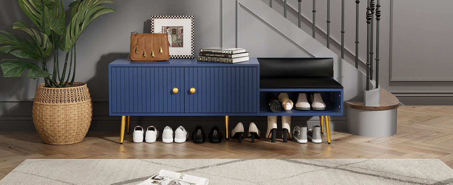 Modern Navy Shoe Storage Bench with Hidden Storage & Cushions