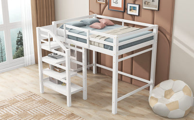 Full Size Loft Bed with Storage Staircase and Clothes Hanger - White