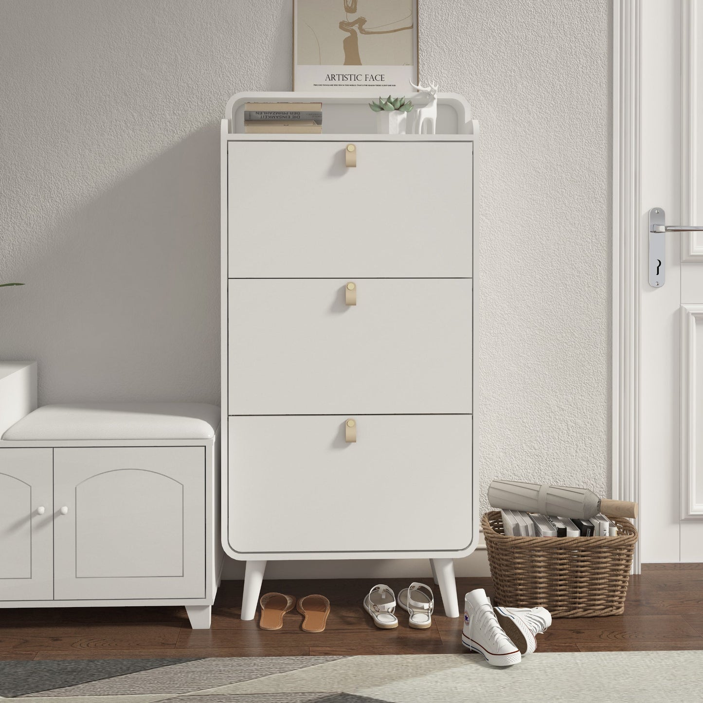 Modern Arc Design Shoe Cabinet With 3 Drawers,Shoe Storage Cabinet for Entryway,Outdoor,White Finish - Korvel