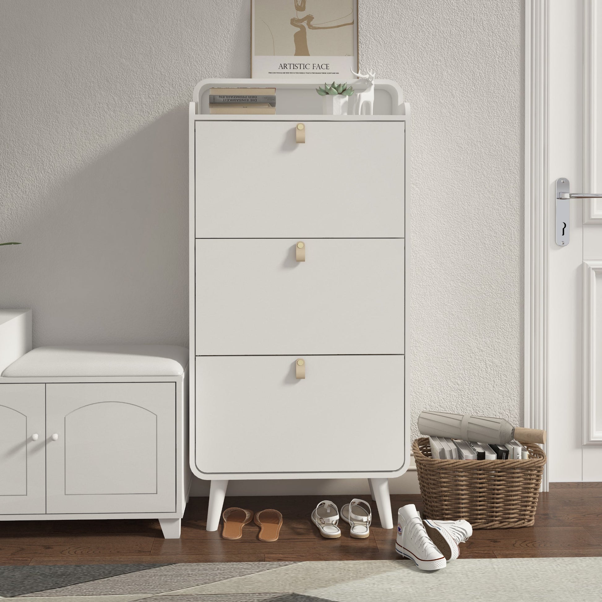 Modern Arc Design Shoe Cabinet With 3 Drawers,Shoe Storage Cabinet for Entryway,Outdoor,White Finish - Korvel