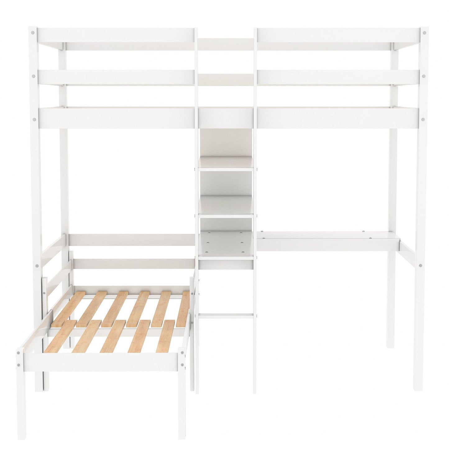Convertible Loft Bed with L-Shape Desk, Twin Bunk Bed with Shelves and Ladder White - Korvel