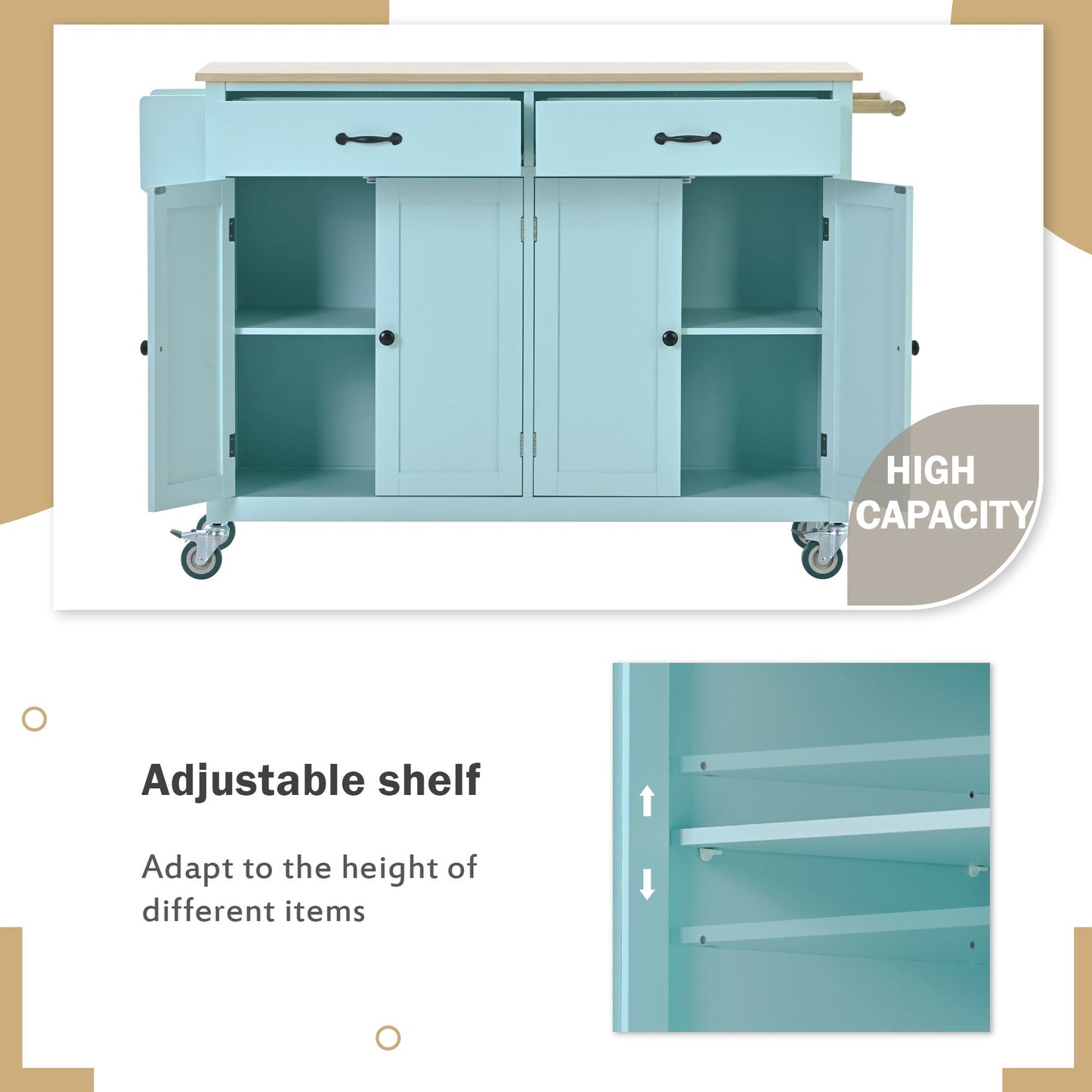 Mint Green Kitchen Island Cart with 4 Doors and Drawers