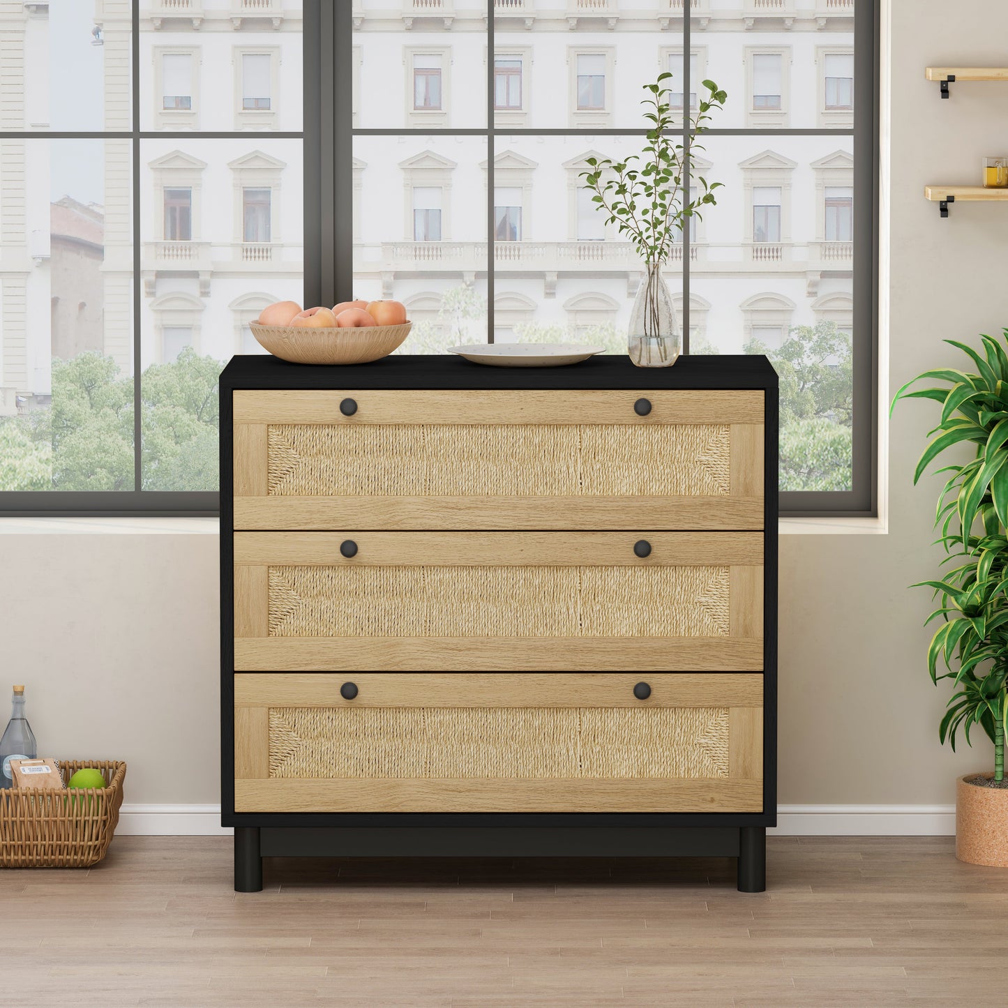 Elegante gabinete de almacenamiento de 3 cajones con cajones tejidos de cuerda