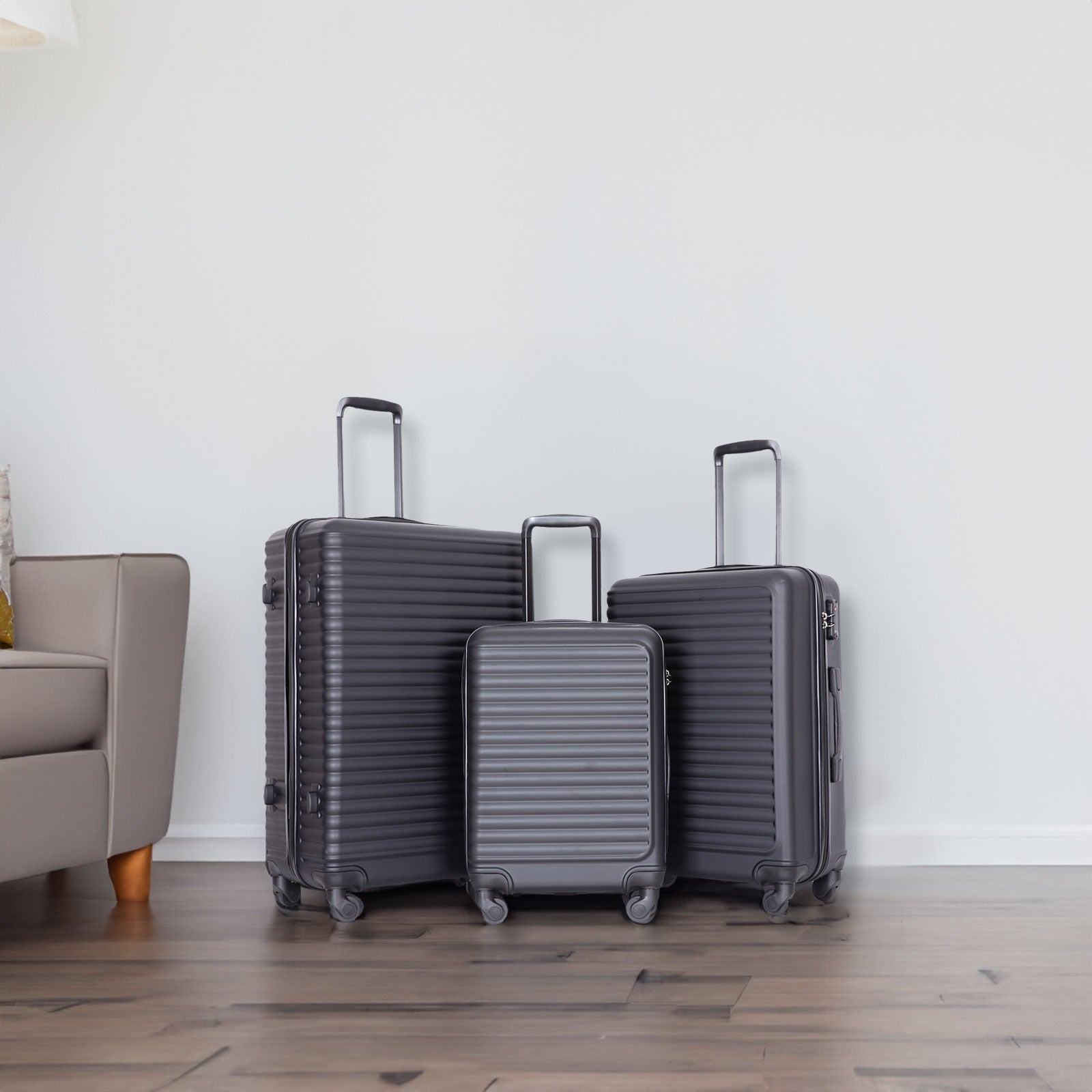 3 Piece Luggage Sets ABS Lightweight Suitcase with Two Hooks, Spinner Wheels, TSA Lock, (20/24/28) Black - Korvel