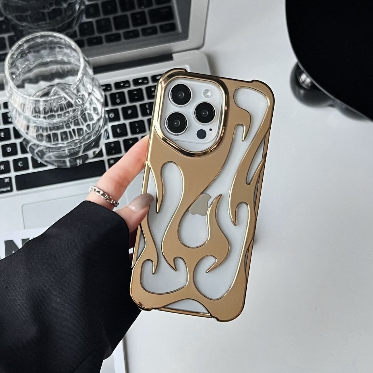 Electroplated hollow flame pattern phone case suitable for iPhone 15 Pro, simple all inclusive, Apple 14 anti drop protective cover - Korvel