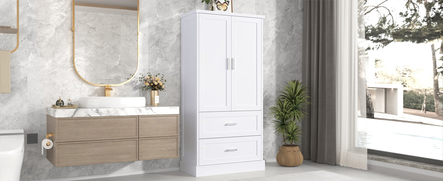 Tall Bathroom Storage Cabinet, Cabinet with Two Doors and Drawers, Adjustable Shelf, MDF Board, White - Korvel