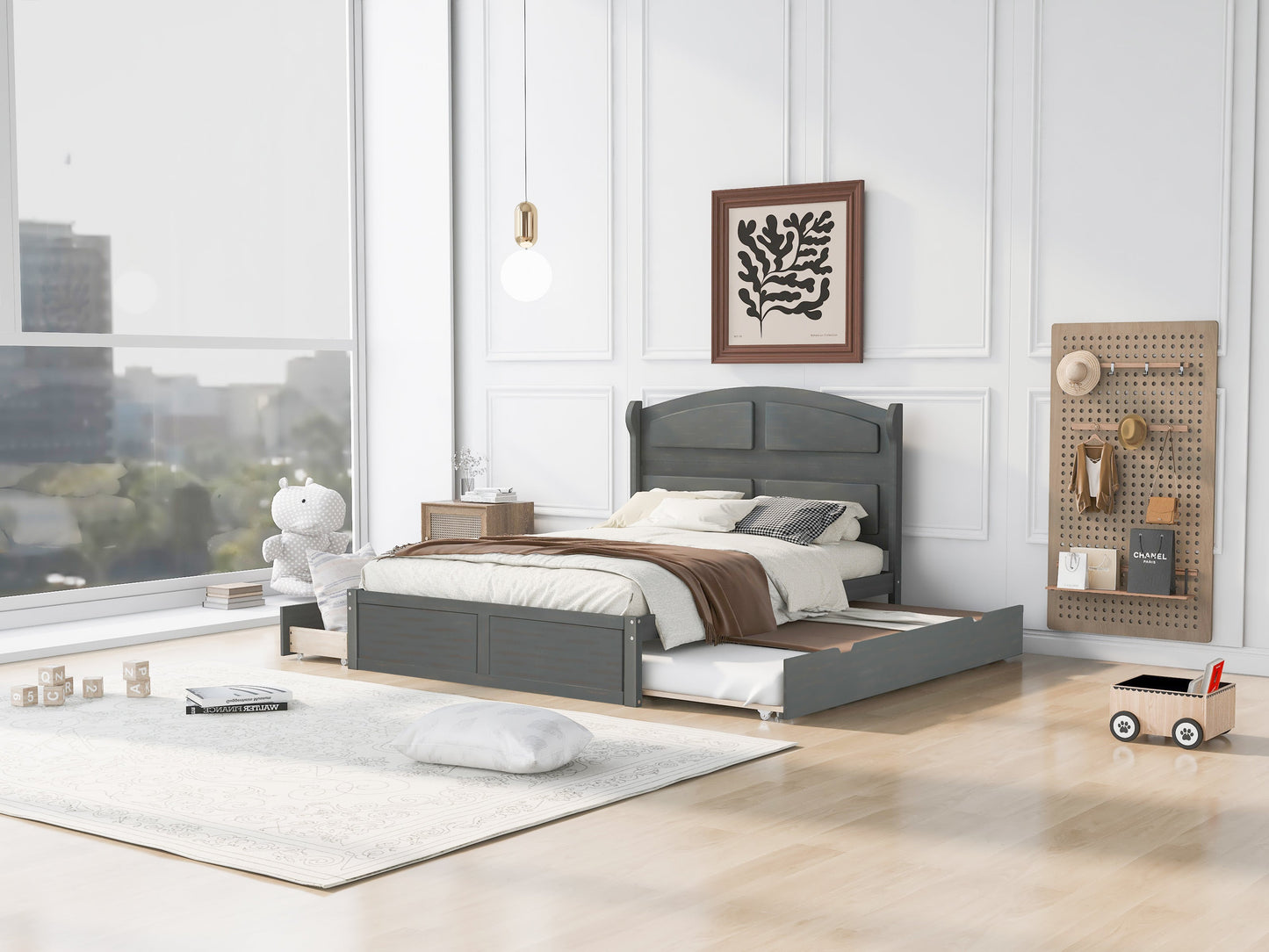 Wood Queen Size Platform Bed with Twin Size Trundle and 2 Drawers  Antique Gray - Korvel