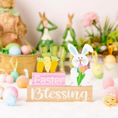 Easter Rabbit Flower Hugging Wooden Ornament