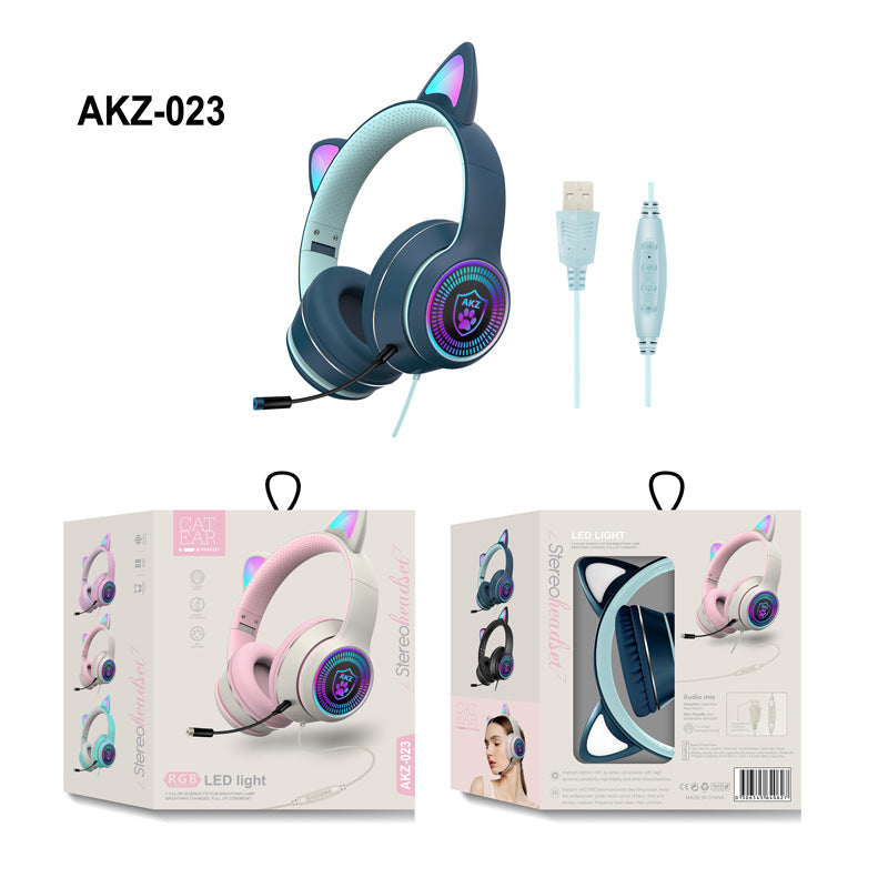 AKZ-023 New RGB Luminous Cat Ear Wired Headset USB With Sound Card Game Headset Learning Headset - Korvel