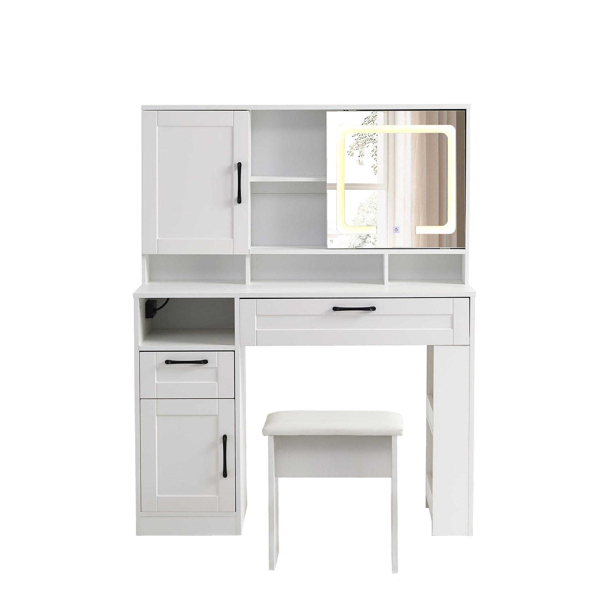 Vanity table with large sliding lighted mirror dressing table with 2 drawers storage shelves and upholstered stool white color - Korvel