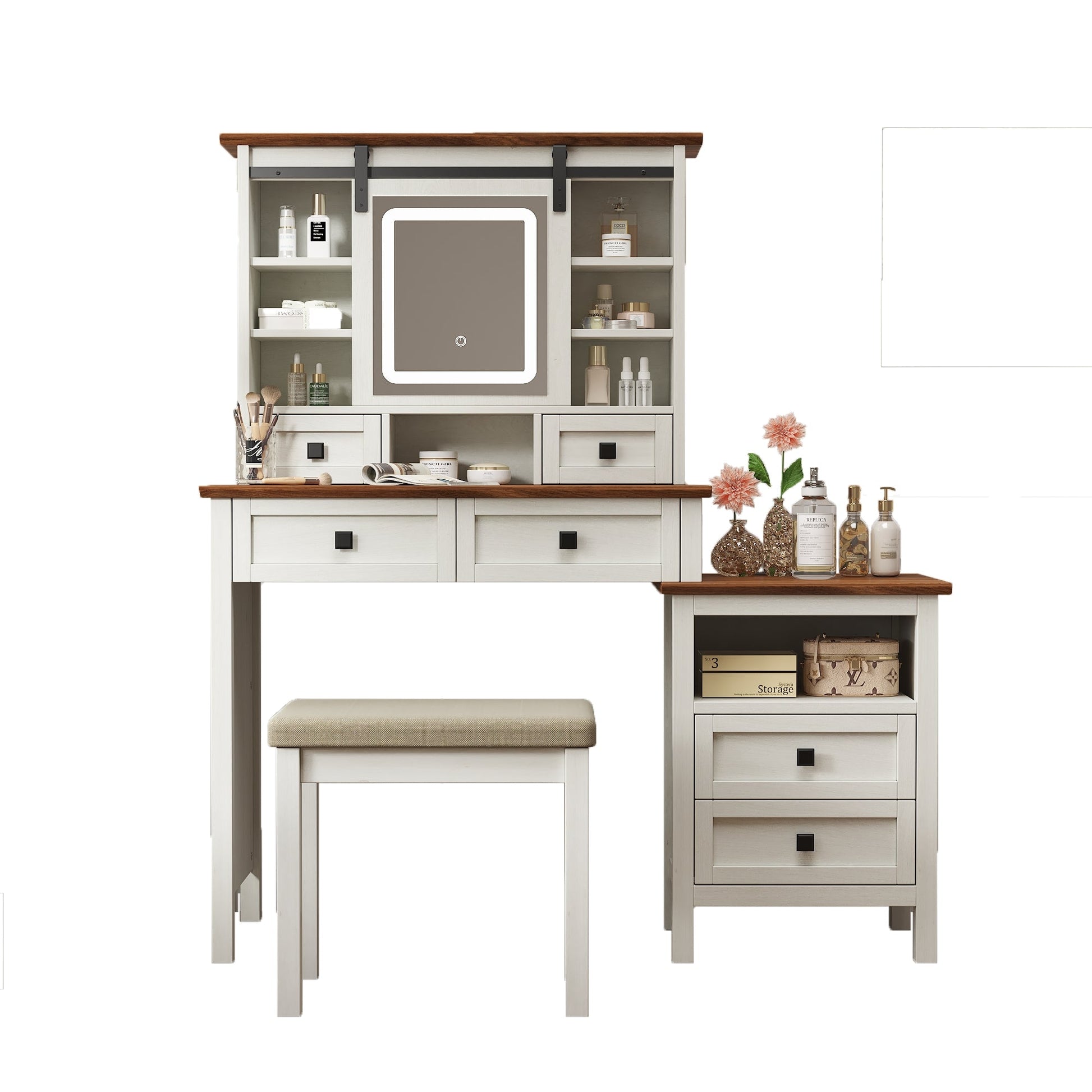46.5-inch dressing table with adjustable LED lighting mirror and charging station, equipped with soft cushioned stool - Korvel