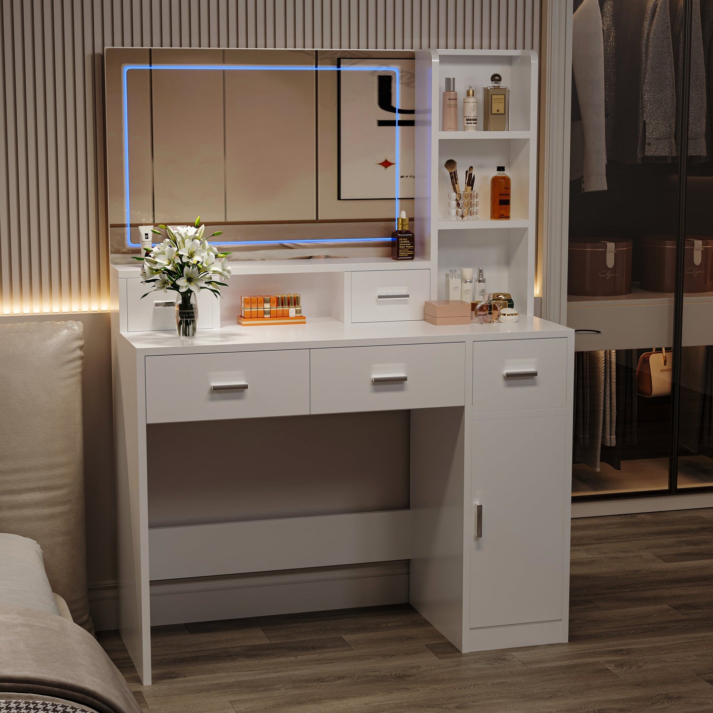 Smart mirror dressing table with drawers and storage cabinets - Korvel